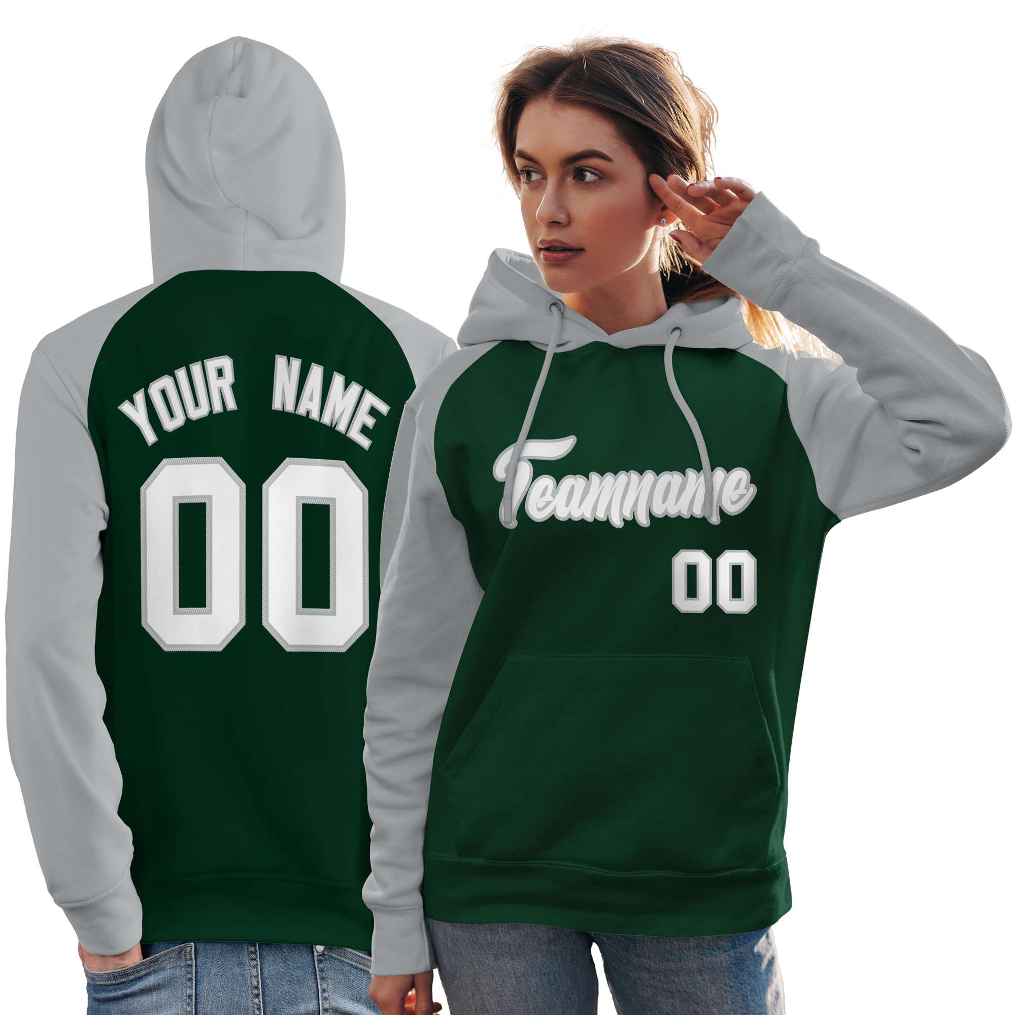 Custom Stitched Green Gray-White Raglan Sleeves Sports Pullover Sweatshirt Hoodie For Women