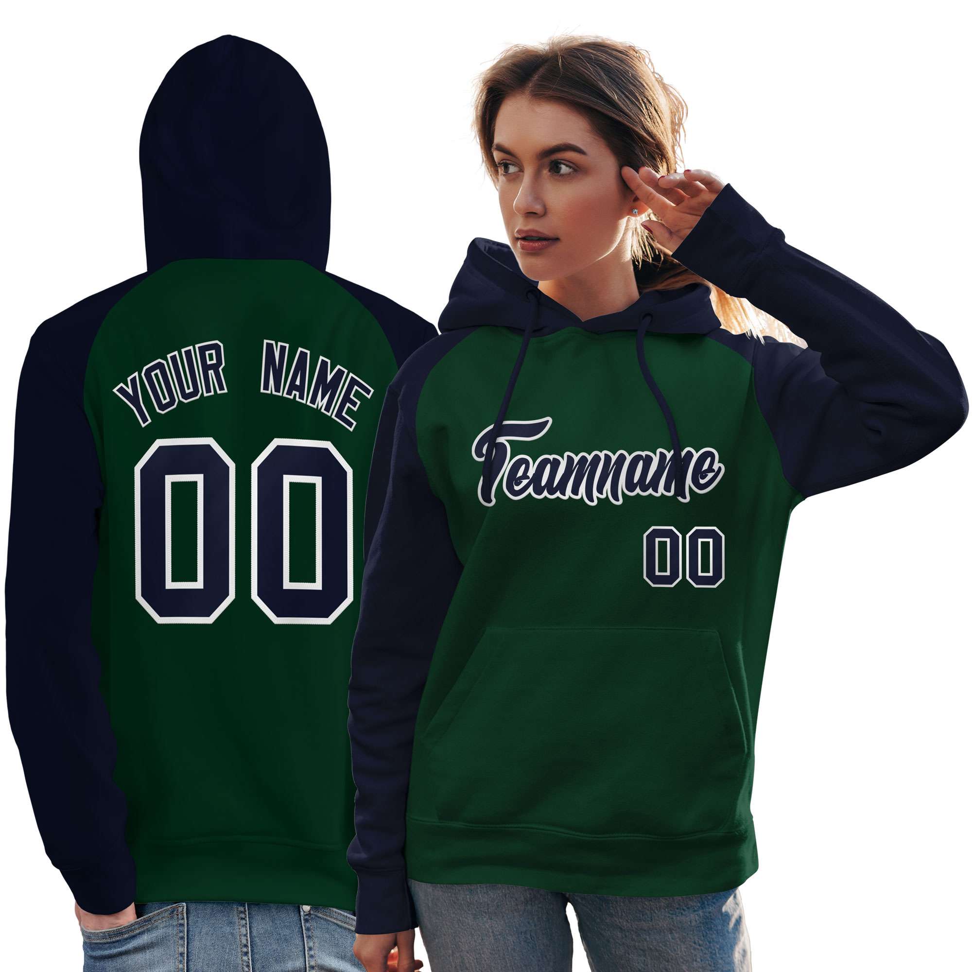 Custom Stitched Green Navy Raglan Sleeves Sports Pullover Sweatshirt Hoodie For Women