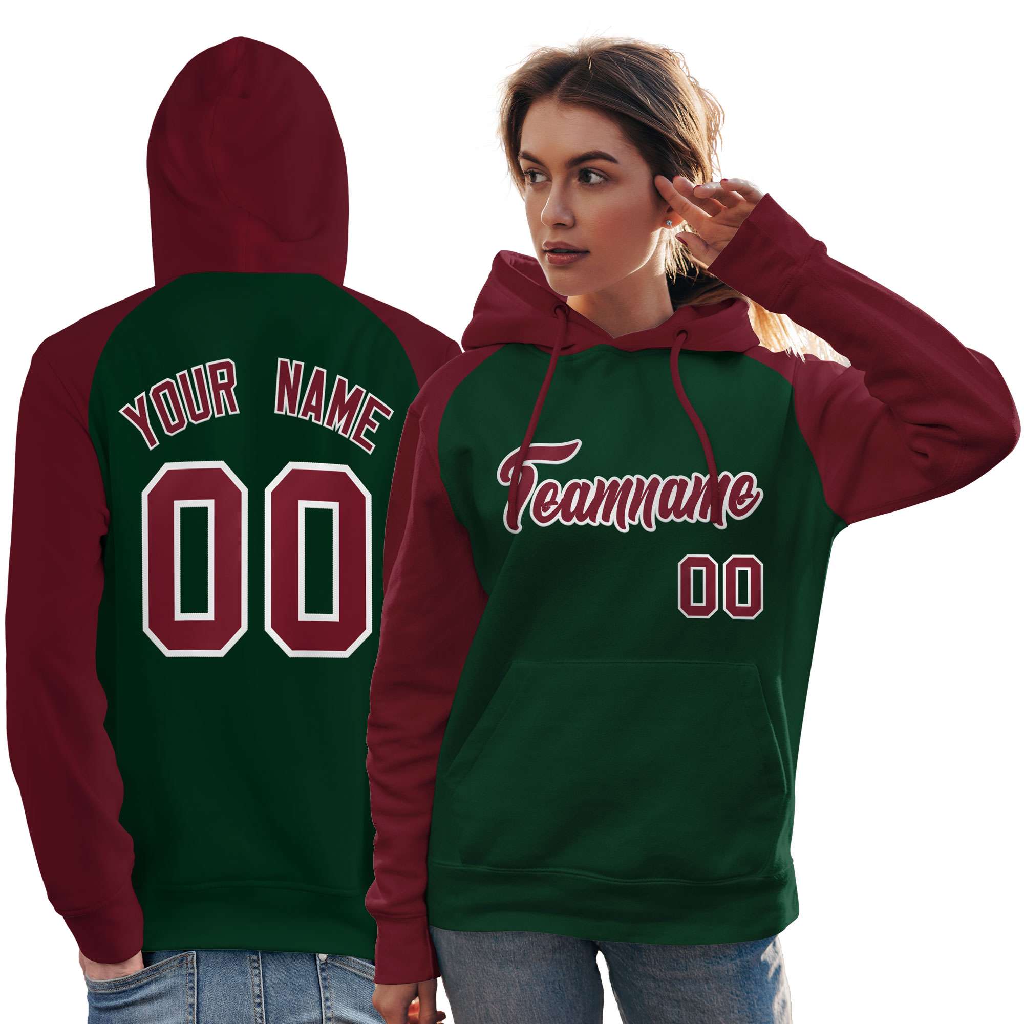 Custom Stitched Green Crimson Raglan Sleeves Sports Pullover Sweatshirt Hoodie For Women