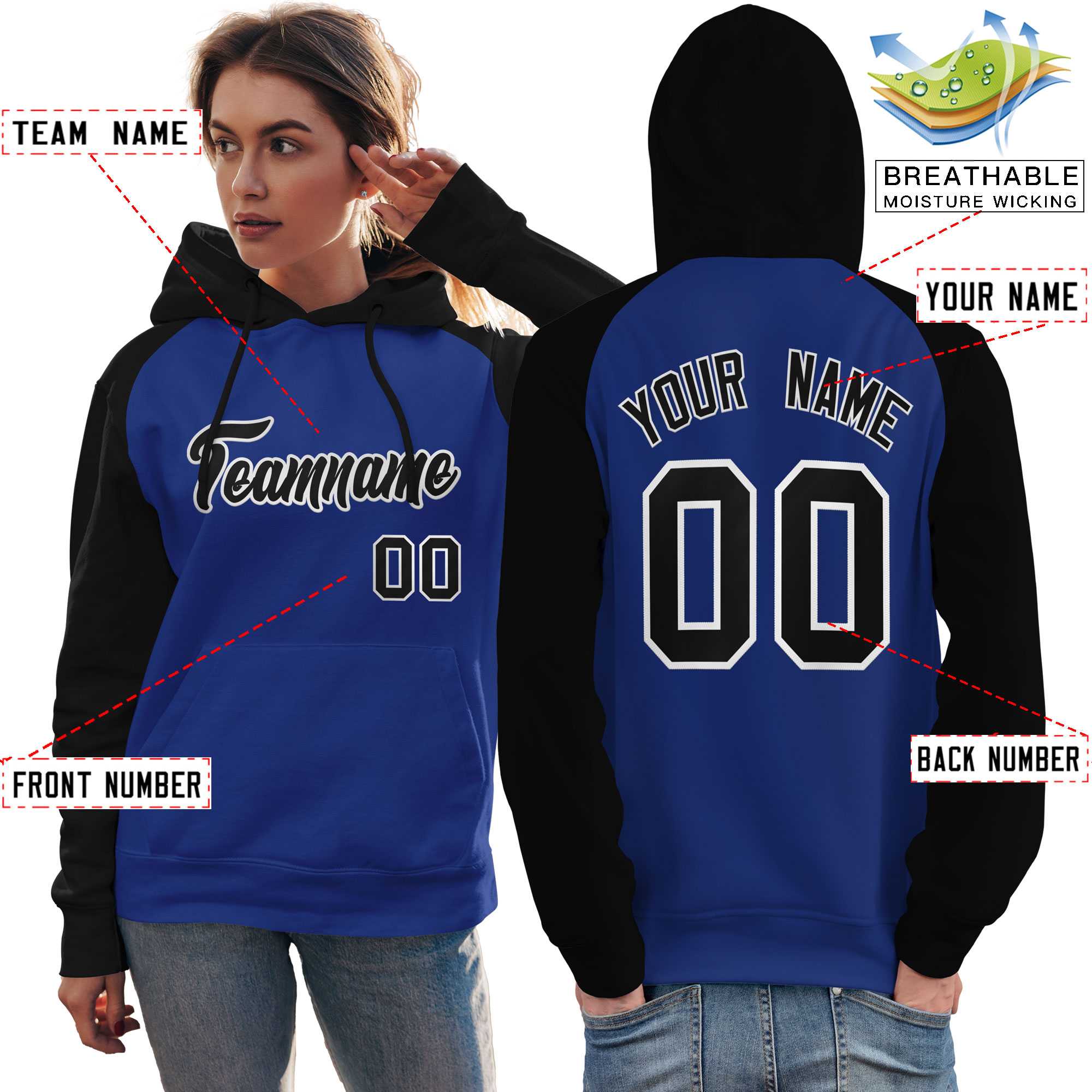 Custom Stitched Royal Black Raglan Sleeves Sports Pullover Sweatshirt Hoodie For Women