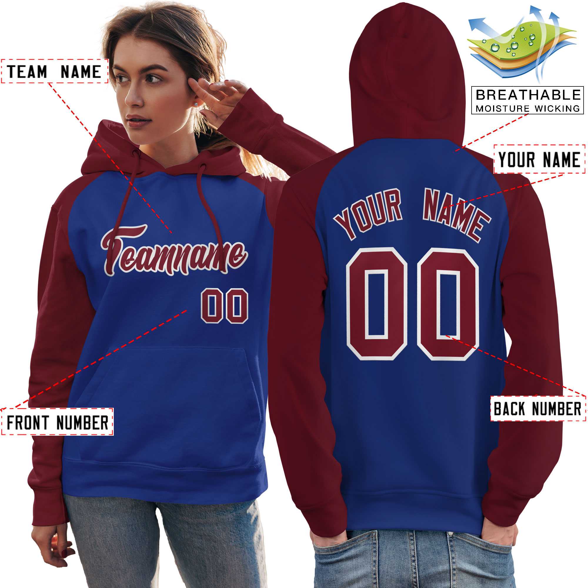 Custom Stitched Royal Crimson Raglan Sleeves Sports Pullover Sweatshirt Hoodie For Women