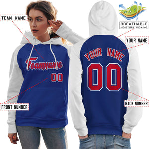 Custom Stitched Royal White-Red Raglan Sleeves Sports Pullover Sweatshirt Hoodie For Women