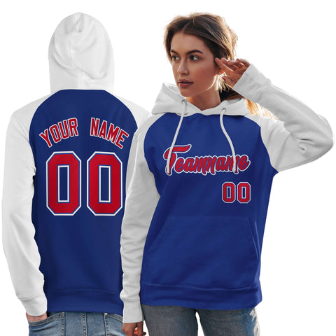 Custom Stitched Royal White-Red Raglan Sleeves Sports Pullover Sweatshirt Hoodie For Women