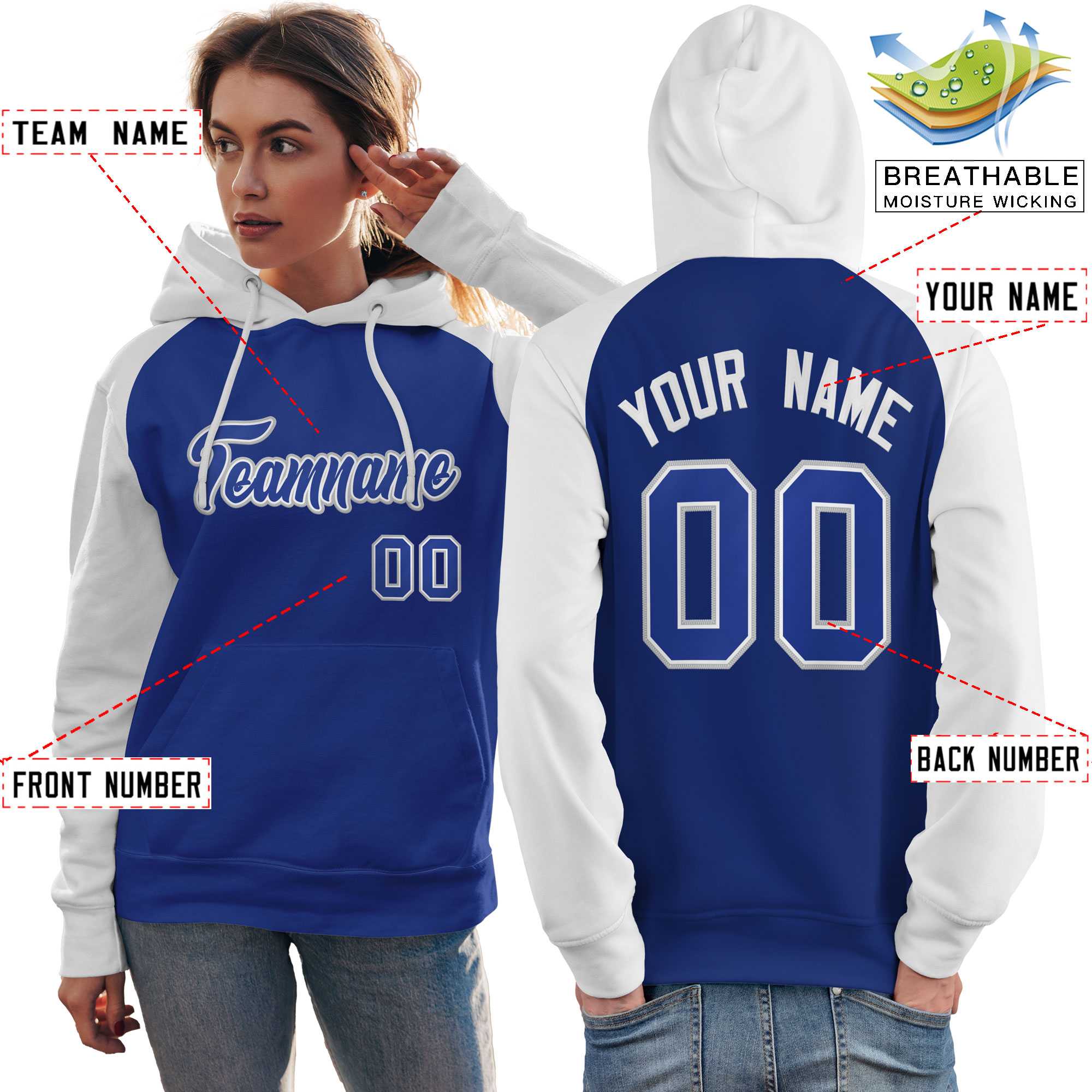 Custom Stitched Royal White Raglan Sleeves Sports Pullover Sweatshirt Hoodie For Women