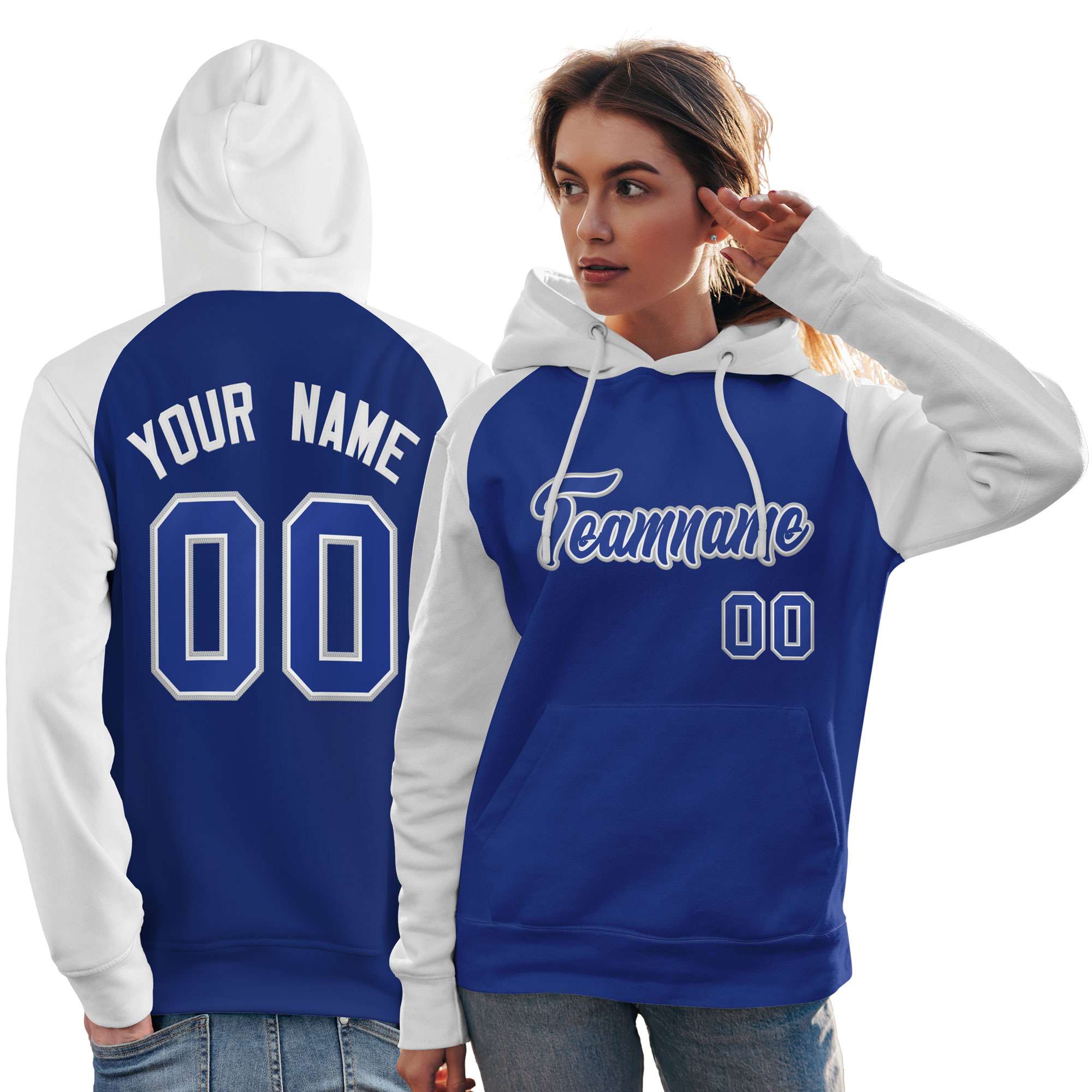 Custom Stitched Royal White Raglan Sleeves Sports Pullover Sweatshirt Hoodie For Women