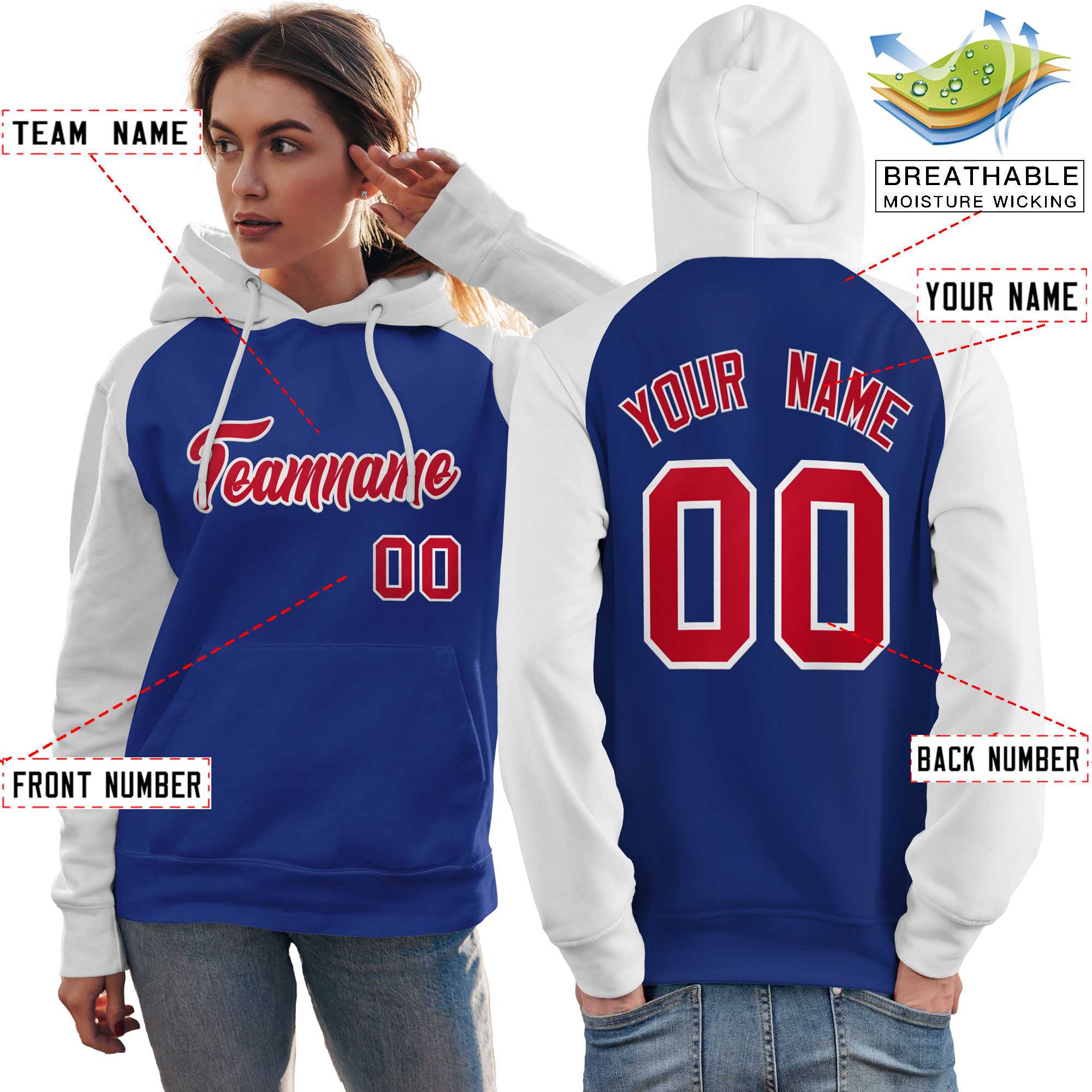 Custom Stitched Royal White-Red Raglan Sleeves Sports Pullover Sweatshirt Hoodie For Women