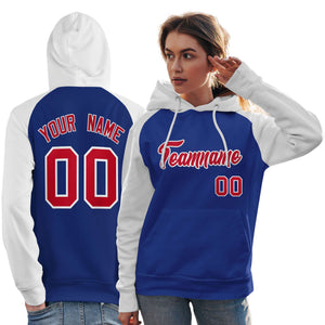 Custom Stitched Royal White-Red Raglan Sleeves Sports Pullover Sweatshirt Hoodie For Women