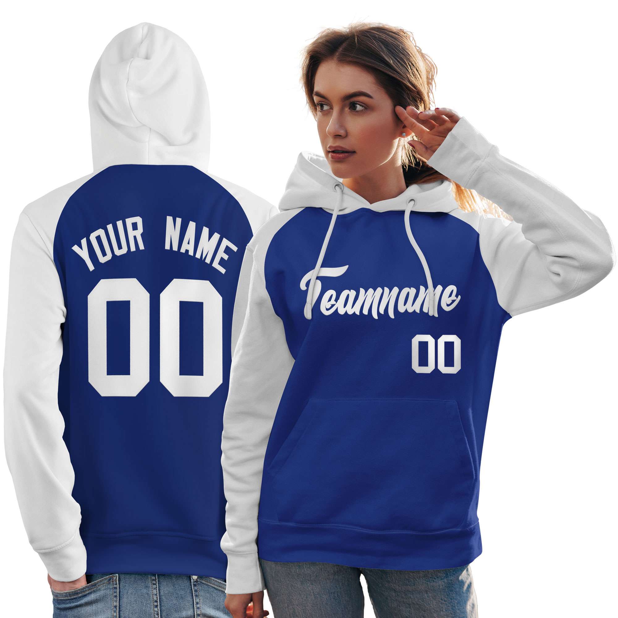 Custom Stitched Royal White Raglan Sleeves Sports Pullover Sweatshirt Hoodie For Women