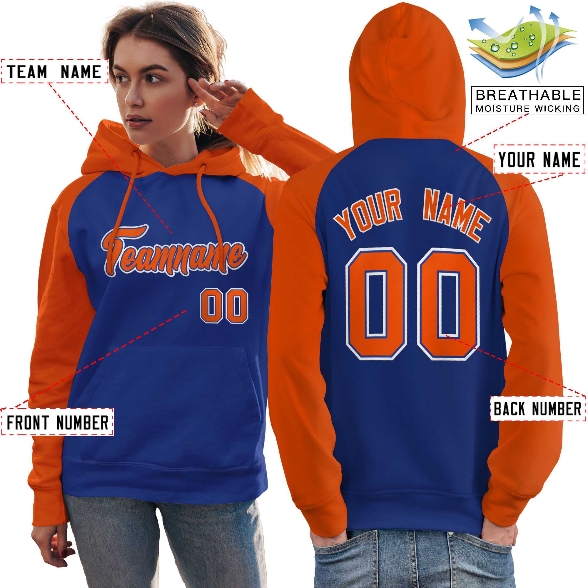 Custom Stitched Royal Orange Raglan Sleeves Sports Pullover Sweatshirt Hoodie For Women