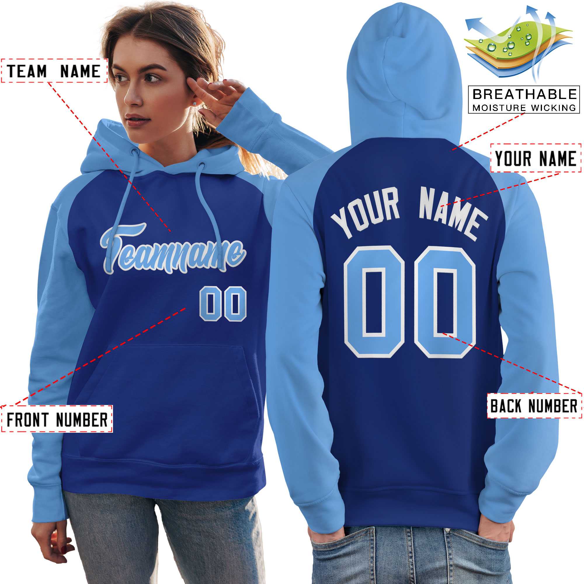 Custom Stitched Royal Powder Blue Raglan Sleeves Sports Pullover Sweatshirt Hoodie For Women