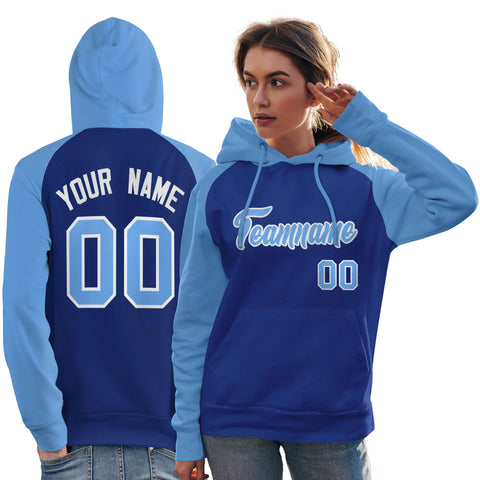 Custom Stitched Royal Powder Blue Raglan Sleeves Sports Pullover Sweatshirt Hoodie For Women