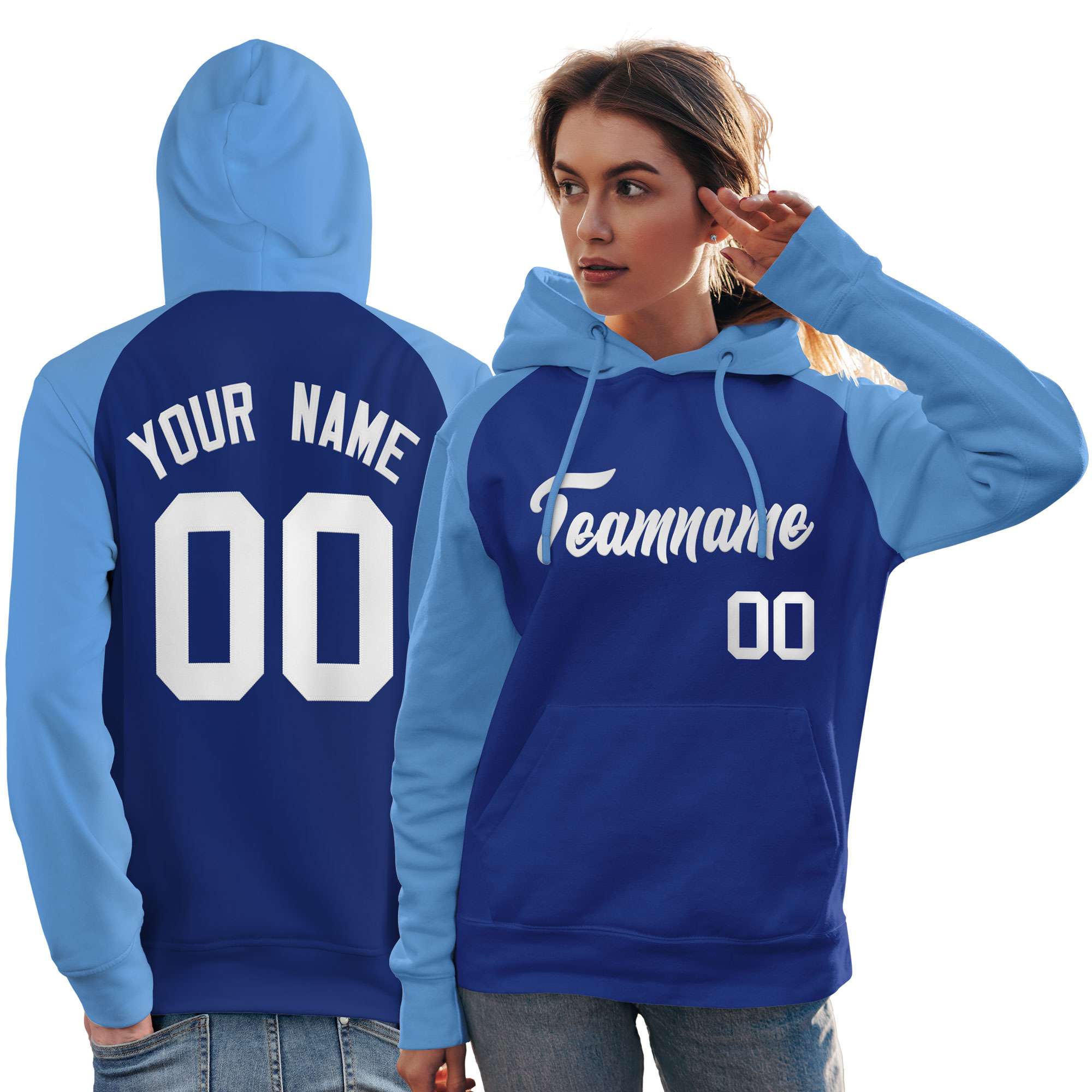 Custom Stitched Royal Powder Blue-White Raglan Sleeves Sports Pullover Sweatshirt Hoodie For Women