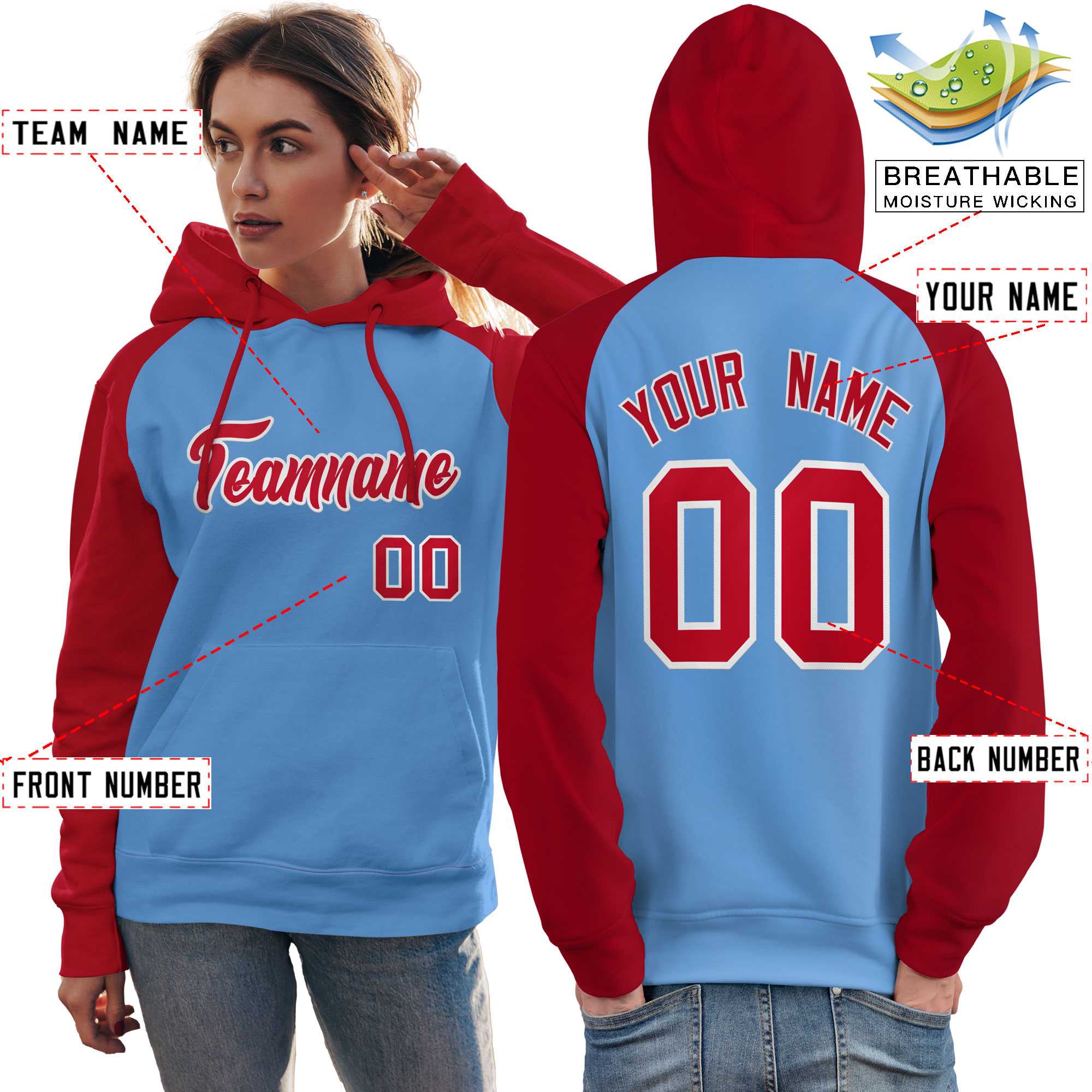 Custom Stitched Powder Blue Red Raglan Sleeves Sports Pullover Sweatshirt Hoodie For Women