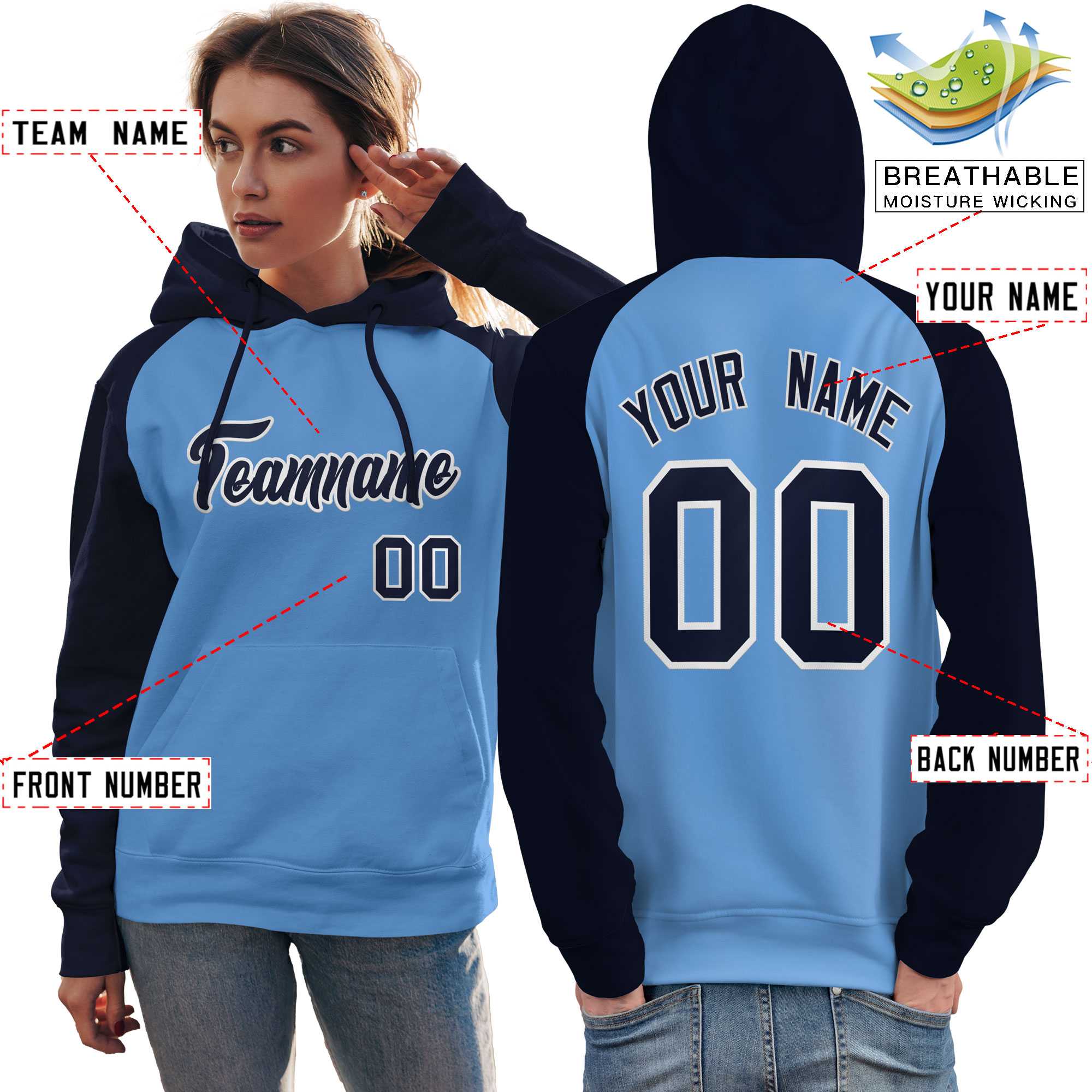 Custom Stitched Powder Blue Navy Raglan Sleeves Sports Pullover Sweatshirt Hoodie For Women