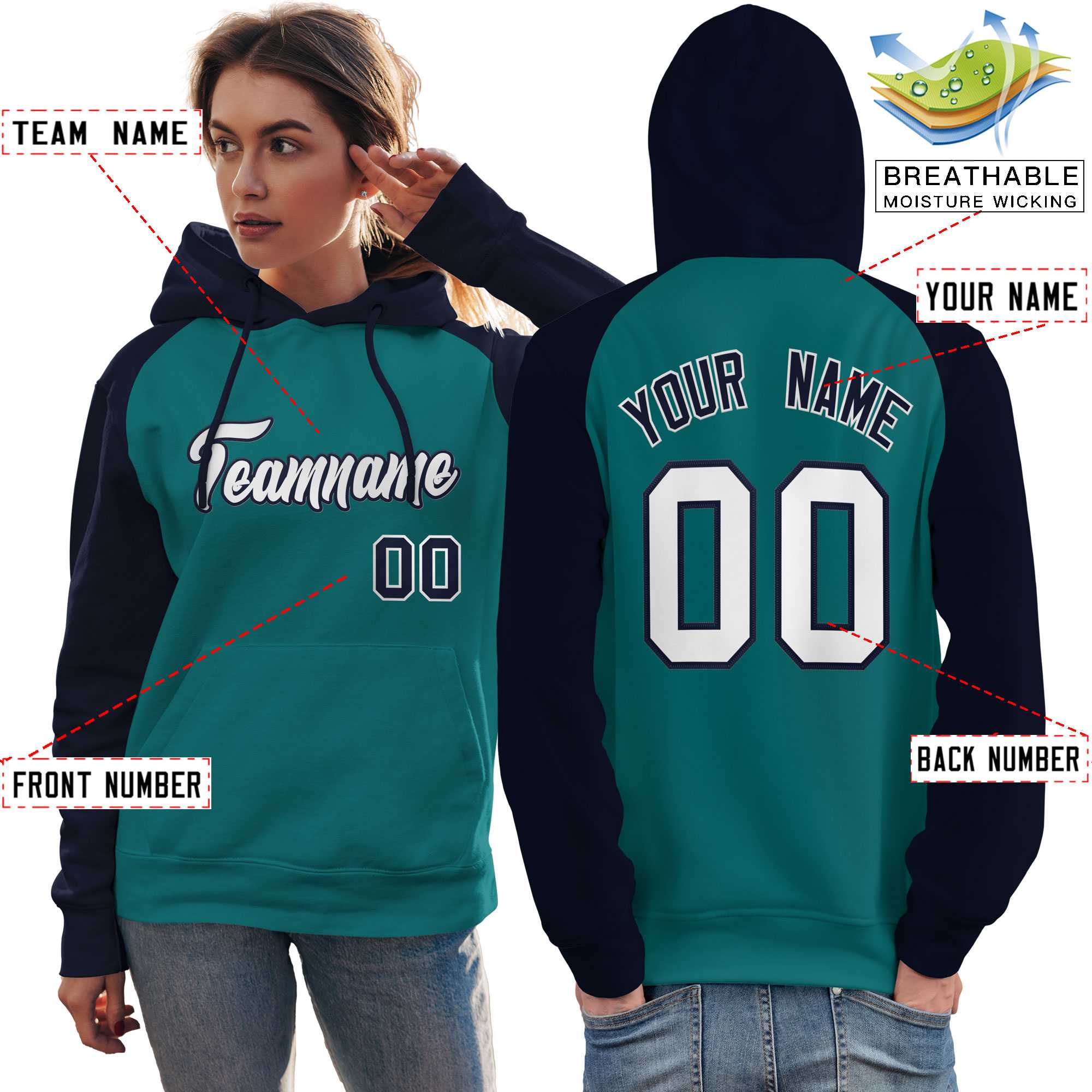 Custom Stitched Aqua Navy-White Raglan Sleeves Sports Pullover Sweatshirt Hoodie For Women