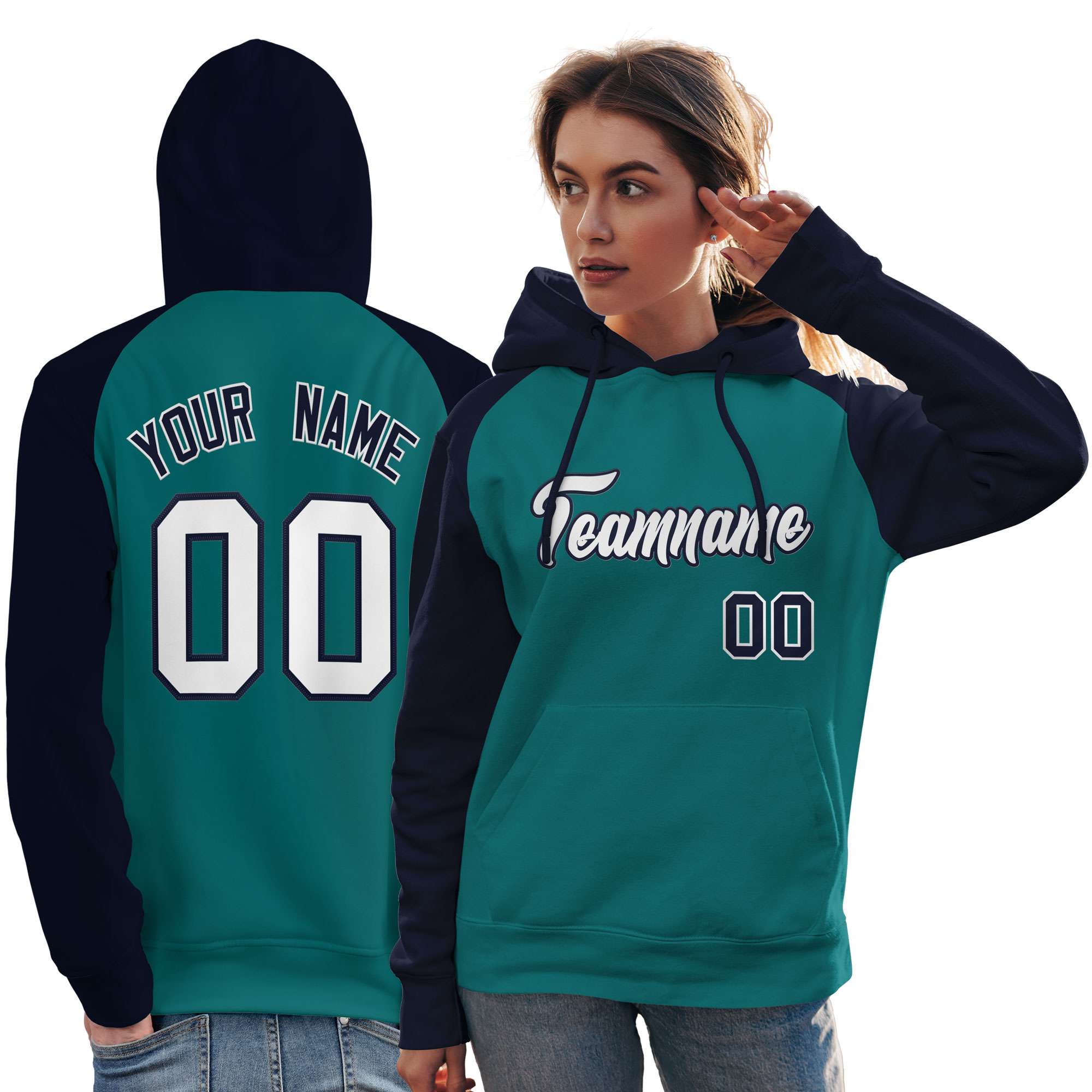 Custom Stitched Aqua Navy-White Raglan Sleeves Sports Pullover Sweatshirt Hoodie For Women