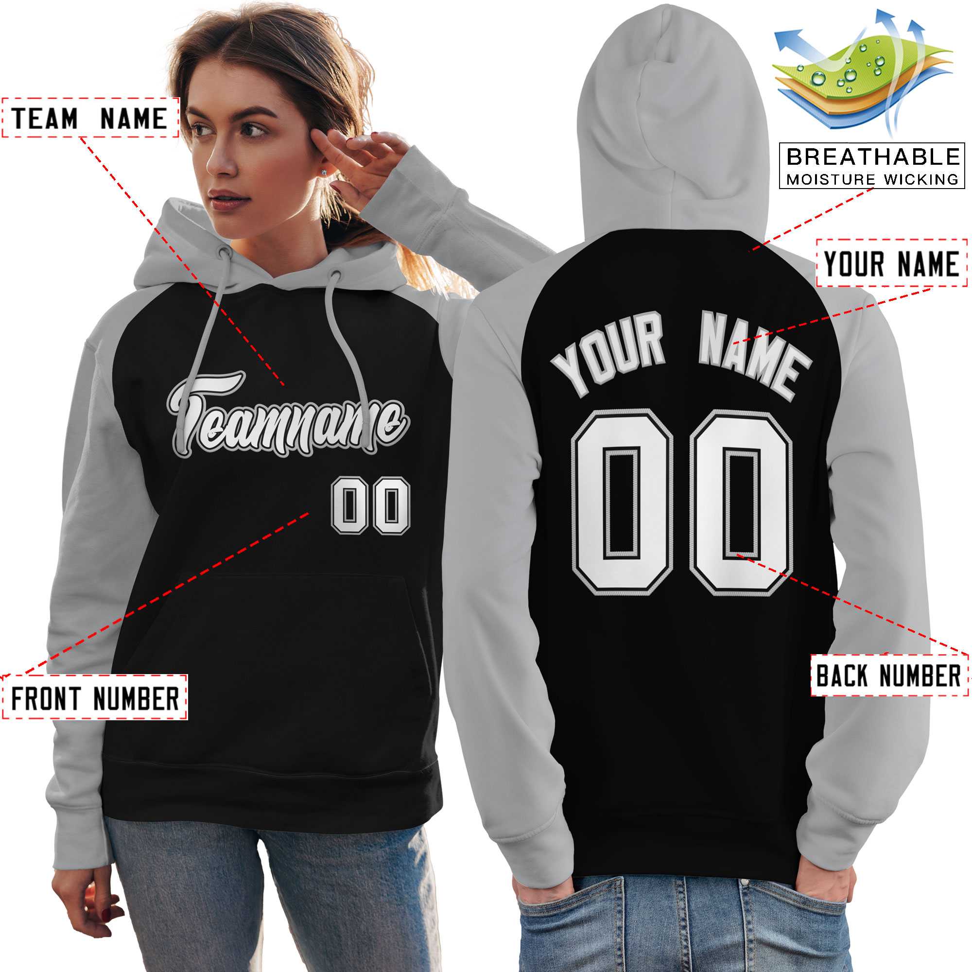 Custom Stitched Black Gray-White Raglan Sleeves Sports Pullover Sweatshirt Hoodie For Women