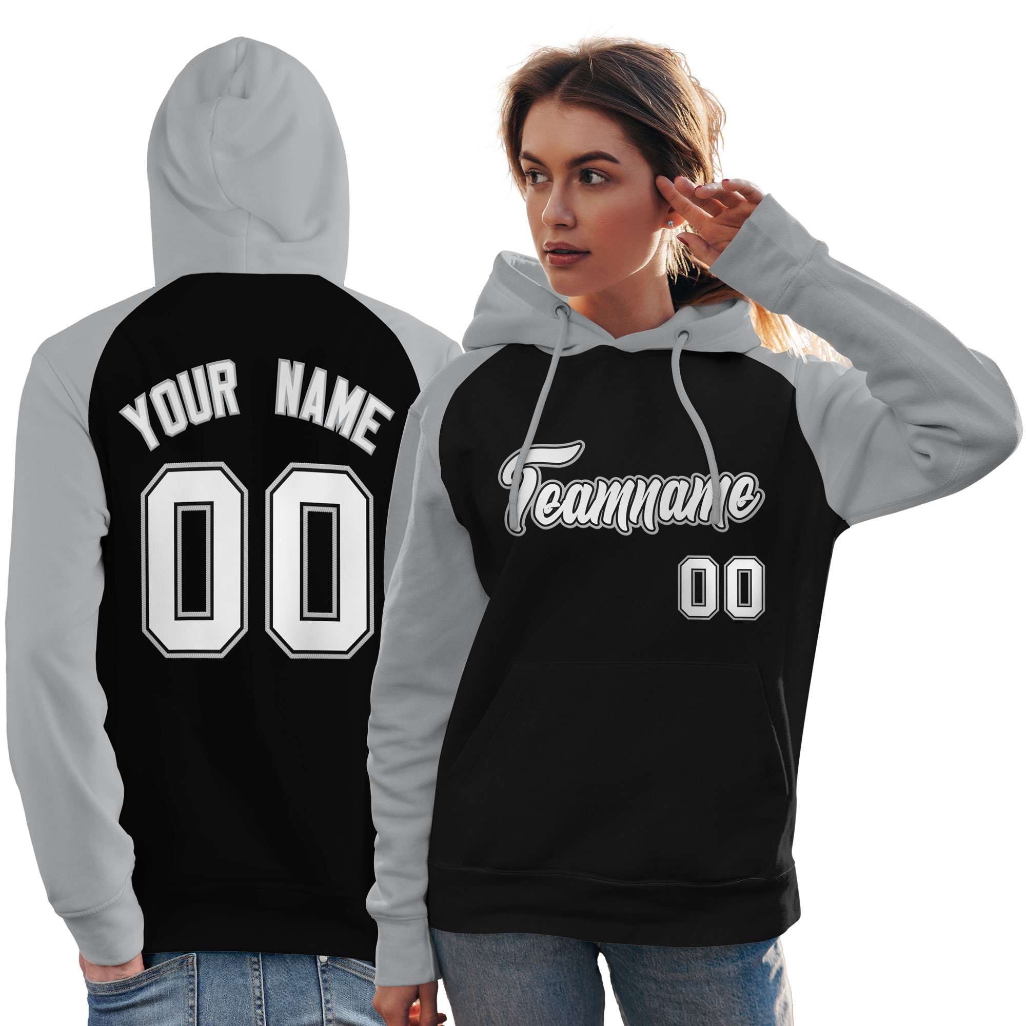 Custom Stitched Black Gray-White Raglan Sleeves Sports Pullover Sweatshirt Hoodie For Women