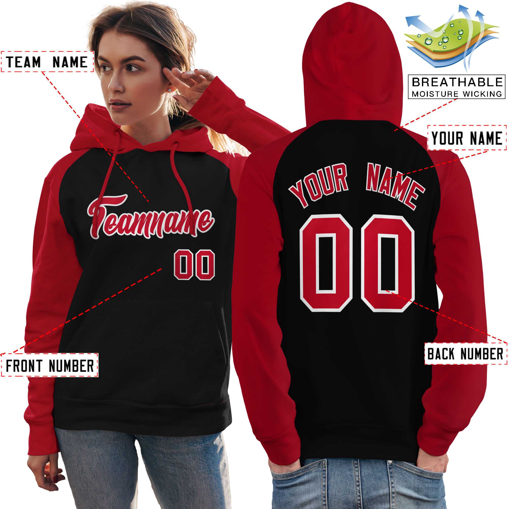 Custom Stitched Black Red Raglan Sleeves Sports Pullover Sweatshirt Hoodie For Women