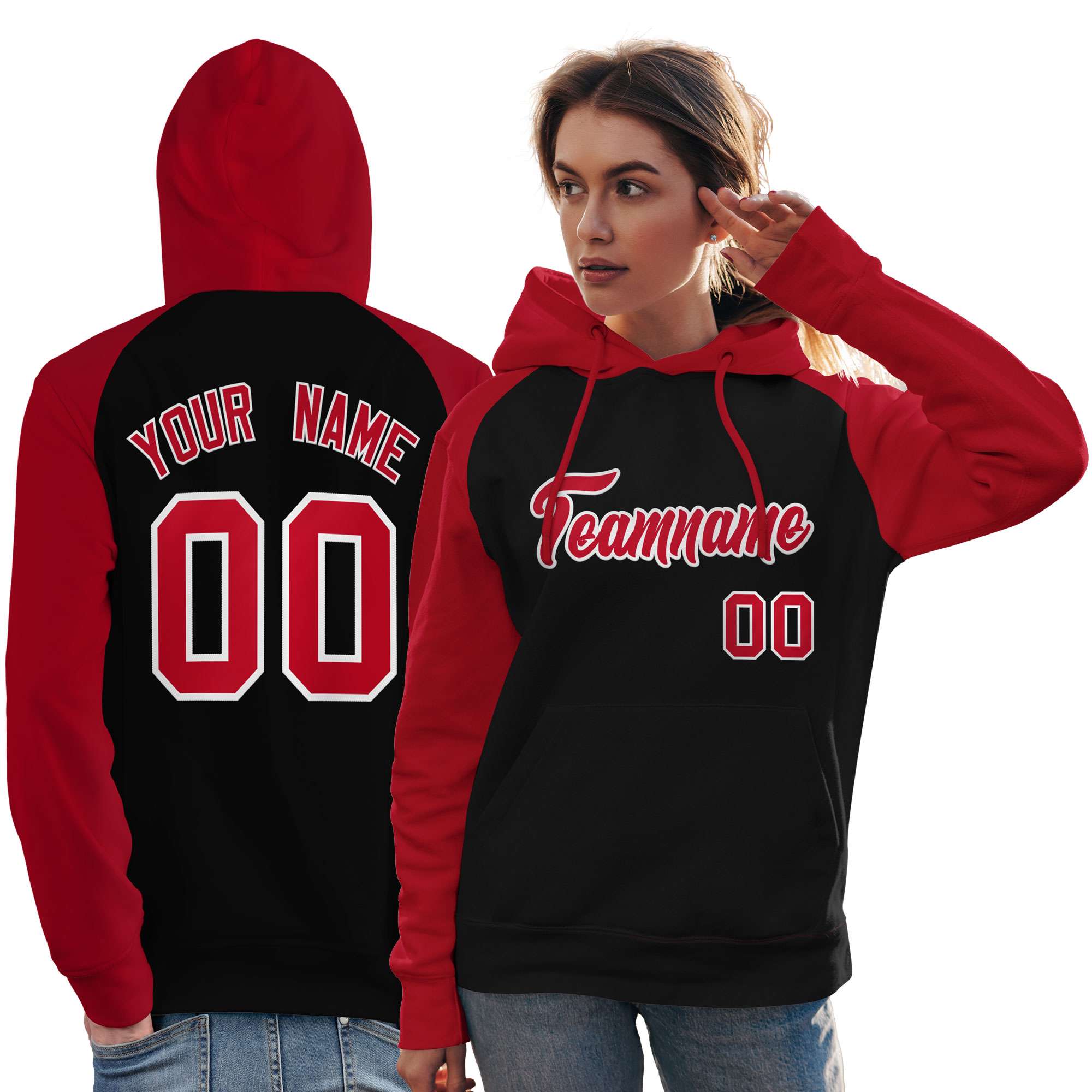 Custom Stitched Black Red Raglan Sleeves Sports Pullover Sweatshirt Hoodie For Women