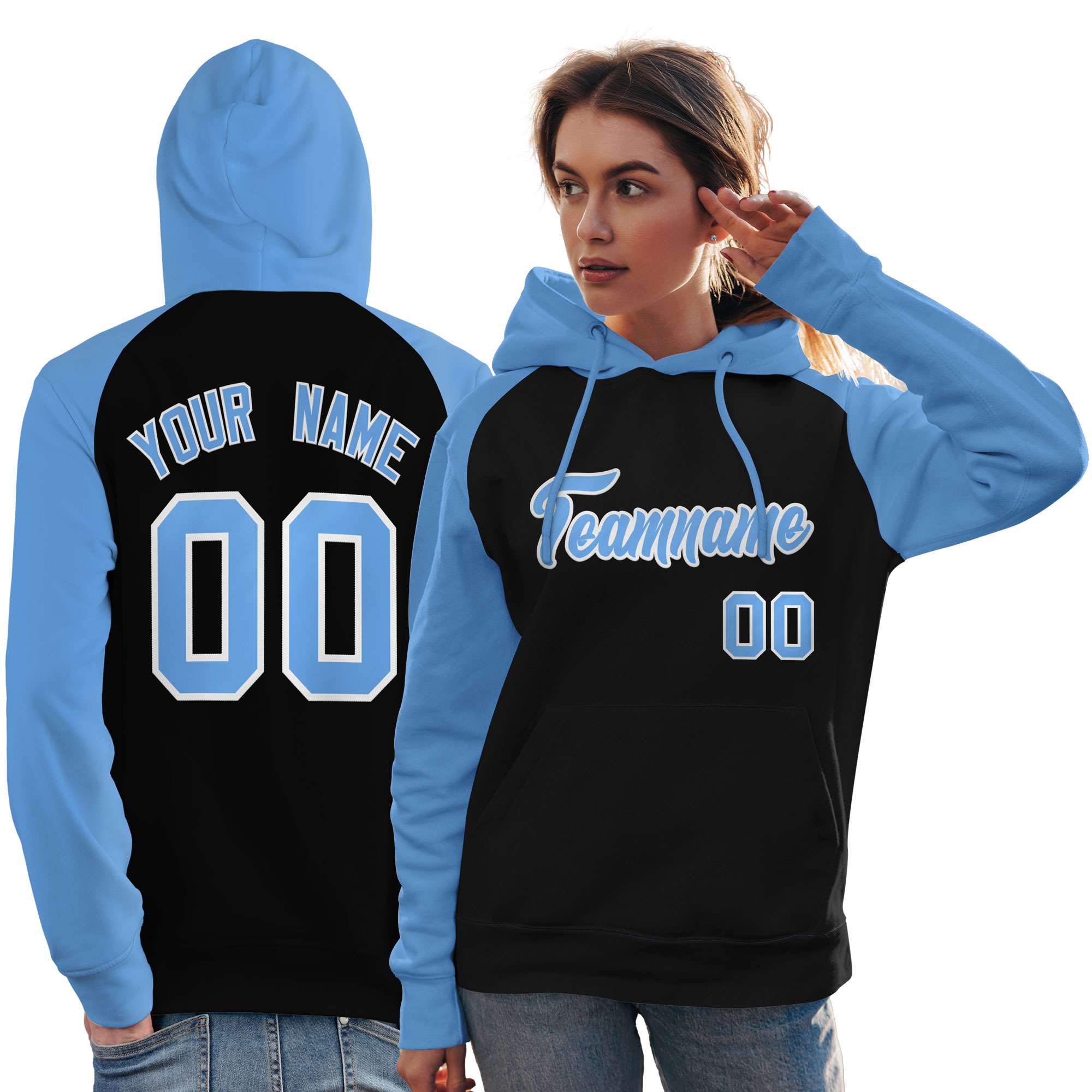 Custom Stitched Black Powder Blue Raglan Sleeves Sports Pullover Sweatshirt Hoodie For Women