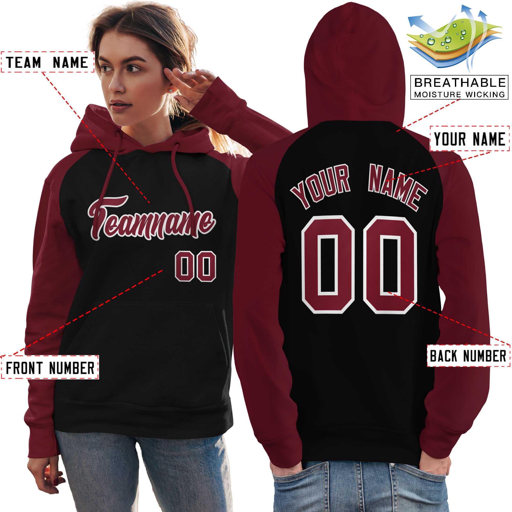 Custom Stitched Black Crimson Raglan Sleeves Sports Pullover Sweatshirt Hoodie For Women