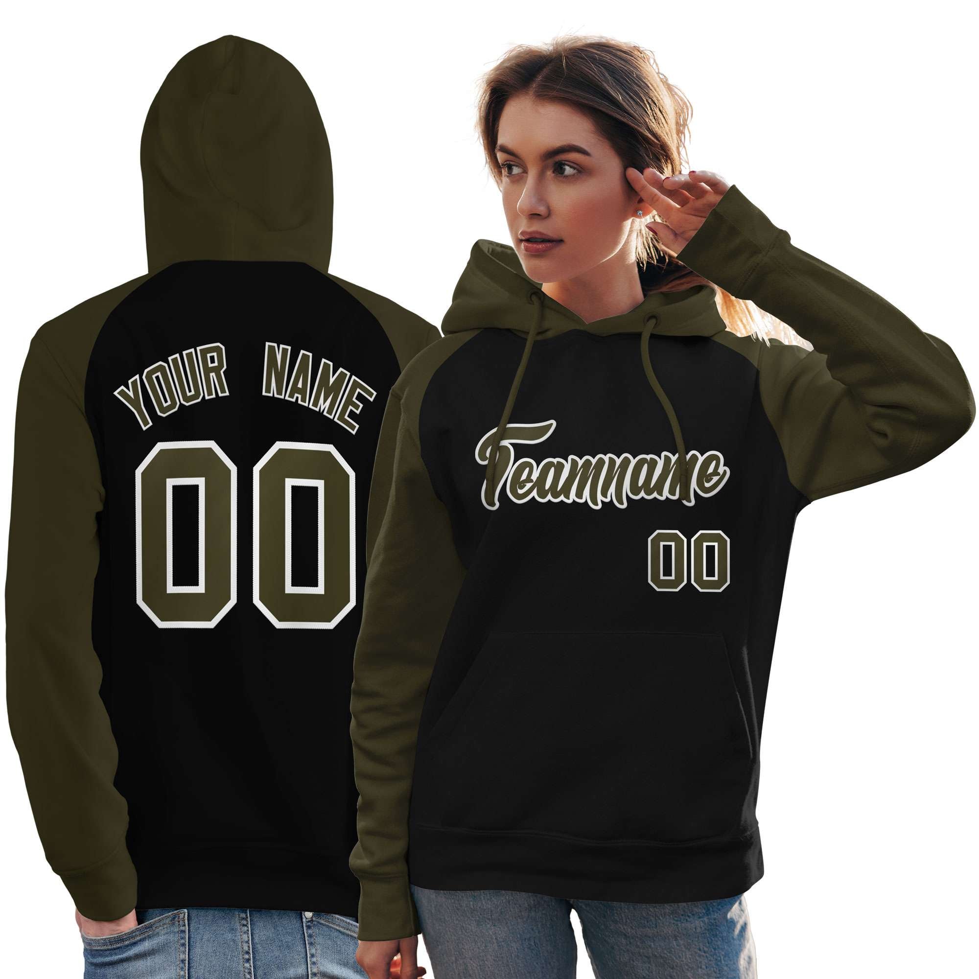 Custom Stitched Black Olive Raglan Sleeves Sports Pullover Sweatshirt Hoodie For Women