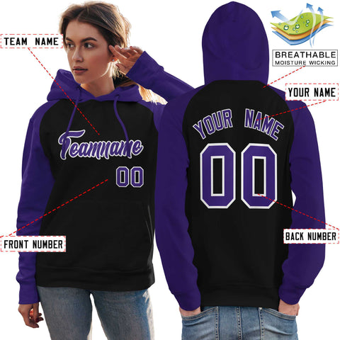 Custom Stitched Black Purple Raglan Sleeves Sports Pullover Sweatshirt Hoodie For Women