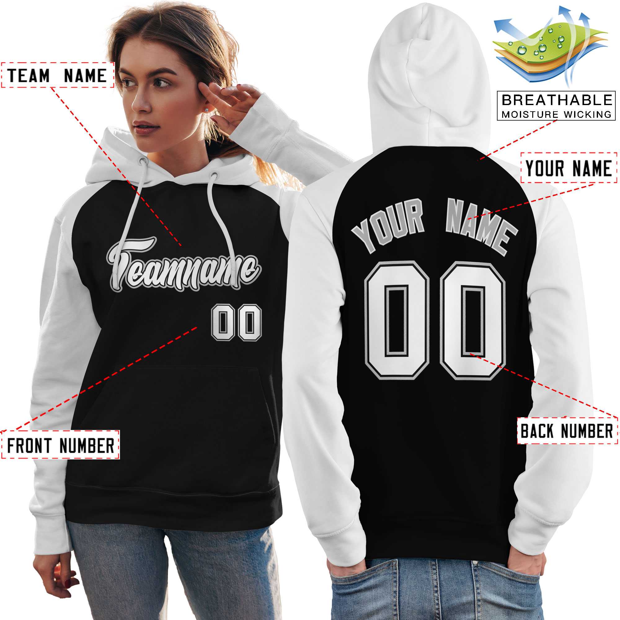 Custom Stitched Black White Raglan Sleeves Sports Pullover Sweatshirt Hoodie For Women