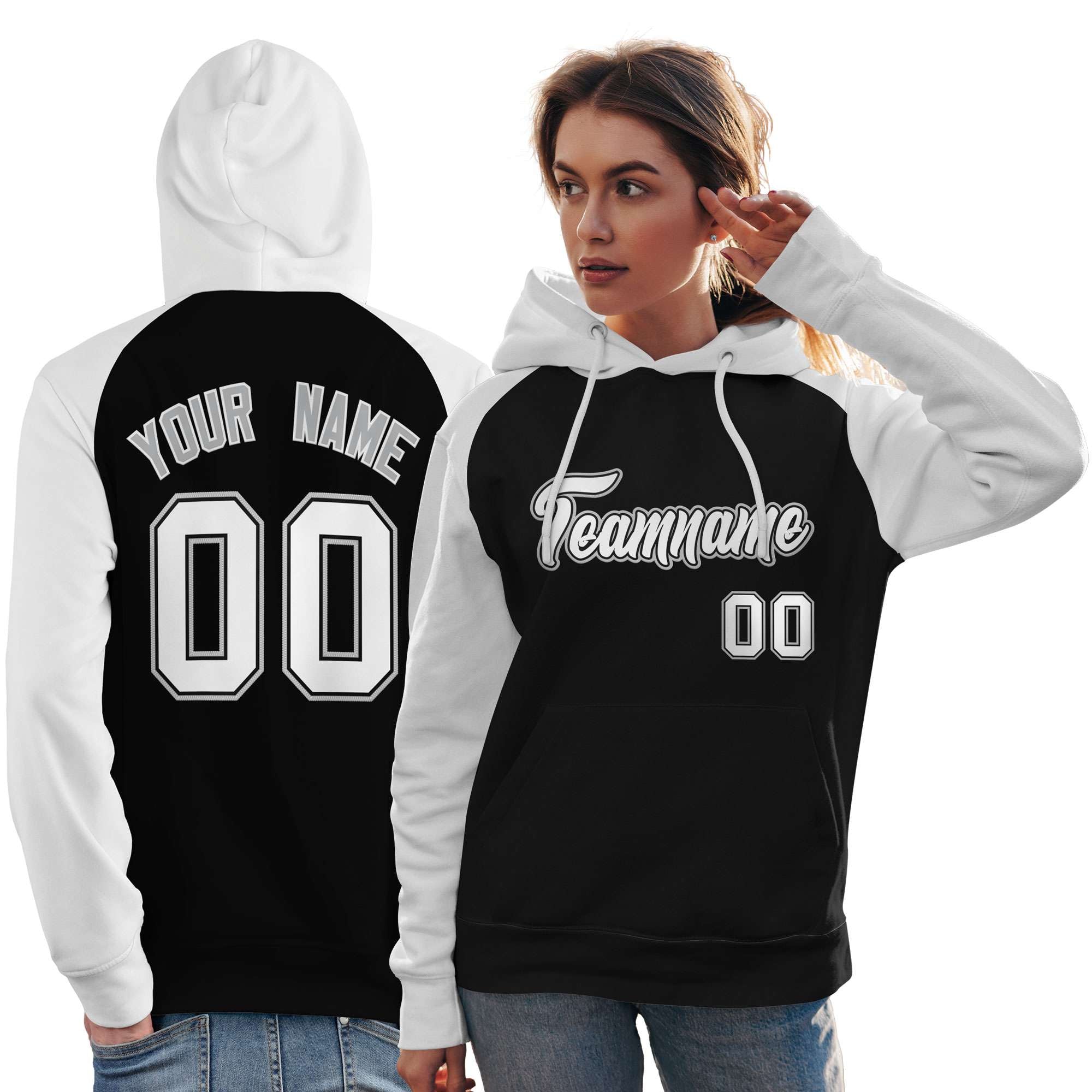 Custom Stitched Black White Raglan Sleeves Sports Pullover Sweatshirt Hoodie For Women