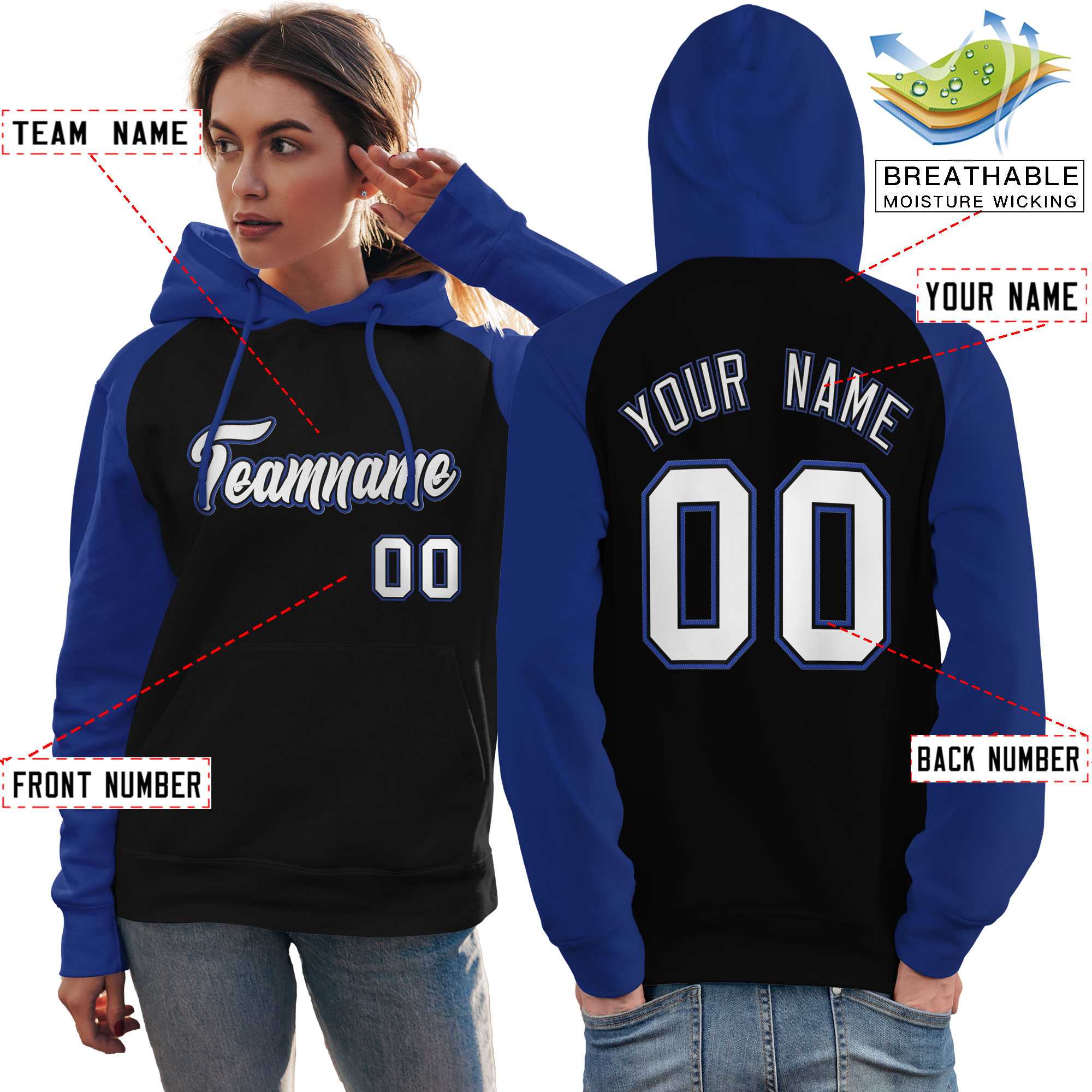 Custom Stitched Black Royal-White Raglan Sleeves Sports Pullover Sweatshirt Hoodie For Women