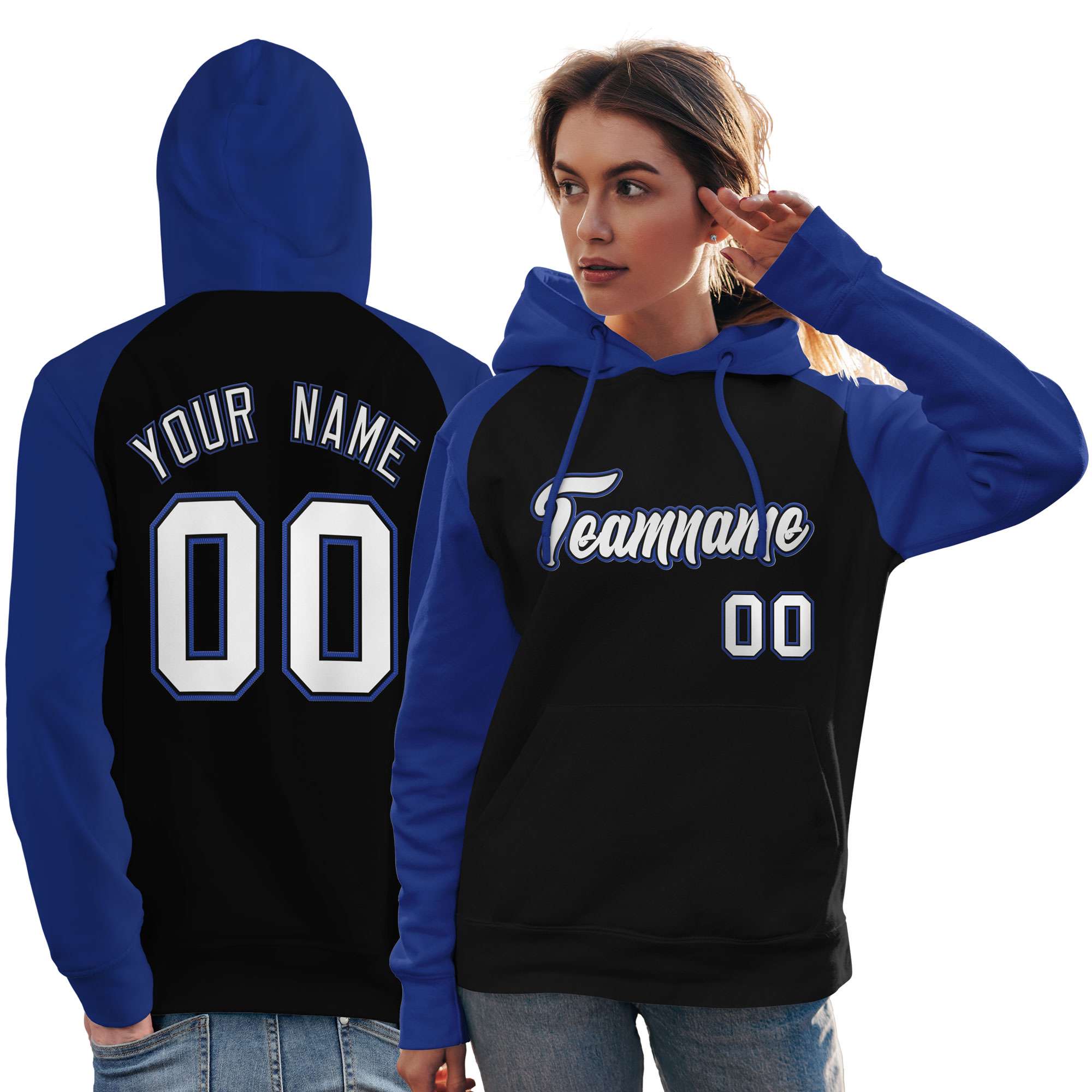 Custom Stitched Black Royal-White Raglan Sleeves Sports Pullover Sweatshirt Hoodie For Women