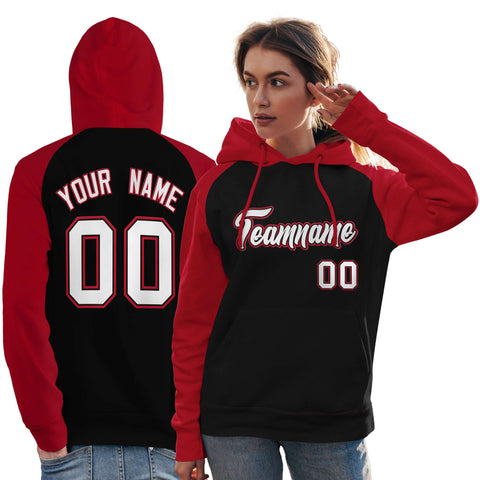Custom Stitched Black Red-White Raglan Sleeves Sports Pullover Sweatshirt Hoodie For Women
