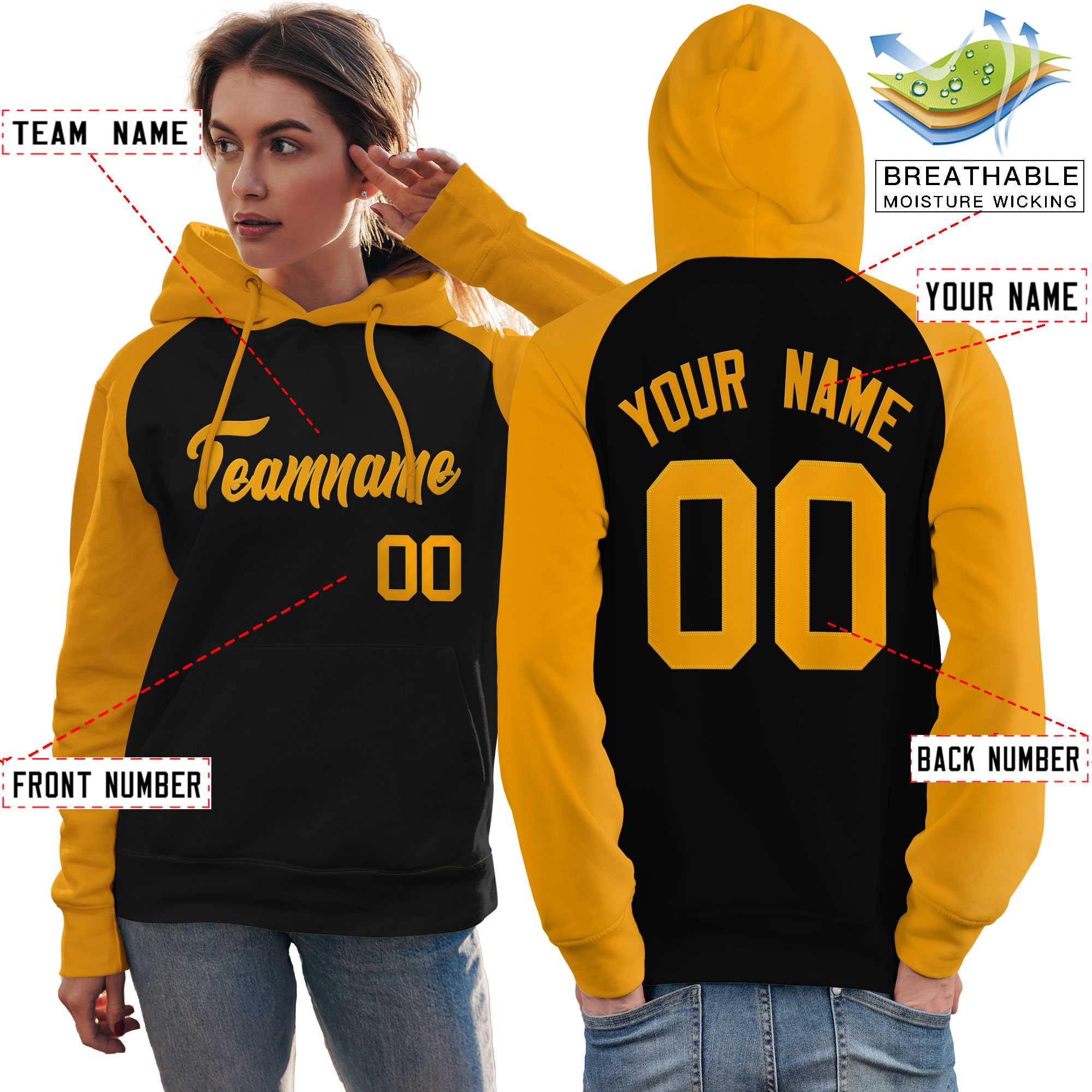 Custom Stitched Black Gold Raglan Sleeves Sports Pullover Sweatshirt Hoodie For Women