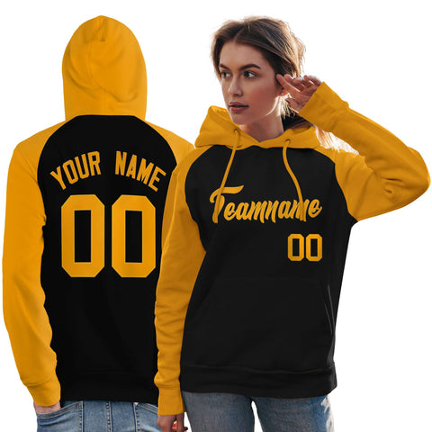 Custom Stitched Black Gold Raglan Sleeves Sports Pullover Sweatshirt Hoodie For Women