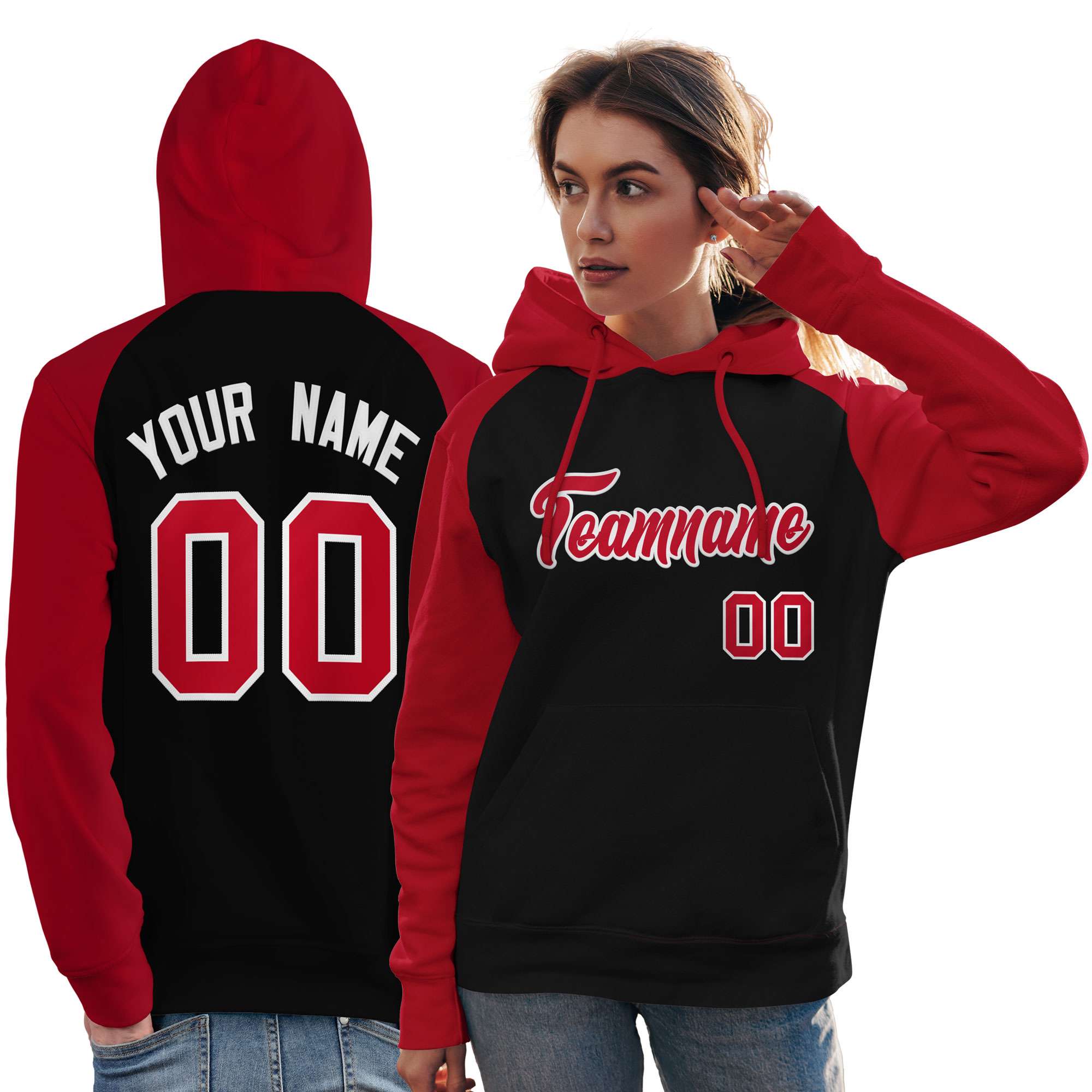 Custom Stitched Black Red Raglan Sleeves Sports Pullover Sweatshirt Hoodie For Women