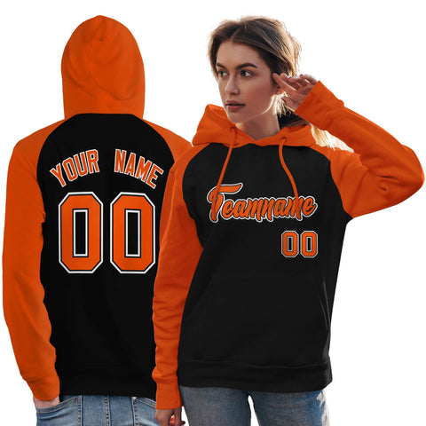 Custom Stitched Black Orange Raglan Sleeves Sports Pullover Sweatshirt Hoodie For Women