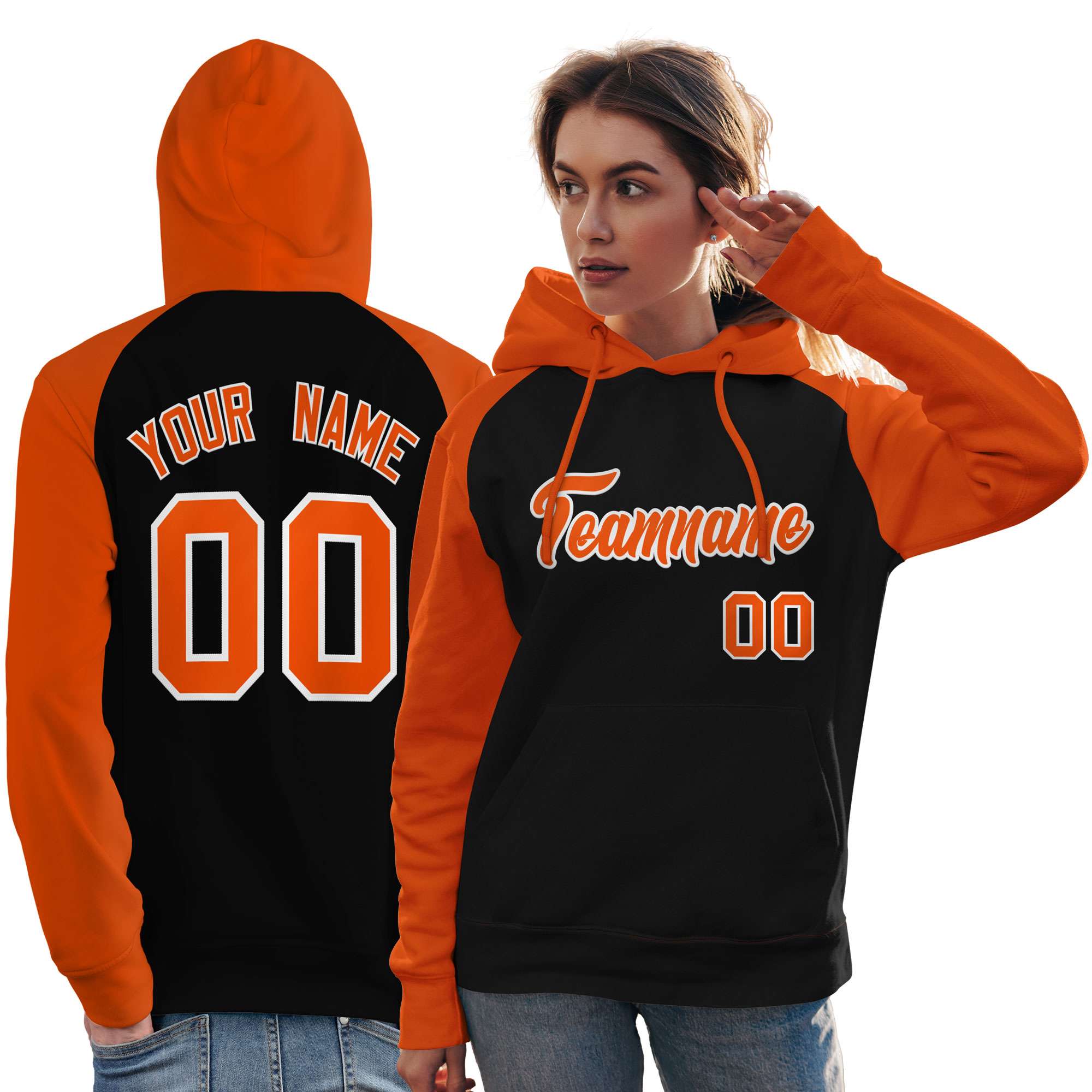 Custom Stitched Black Orange Raglan Sleeves Sports Pullover Sweatshirt Hoodie For Women