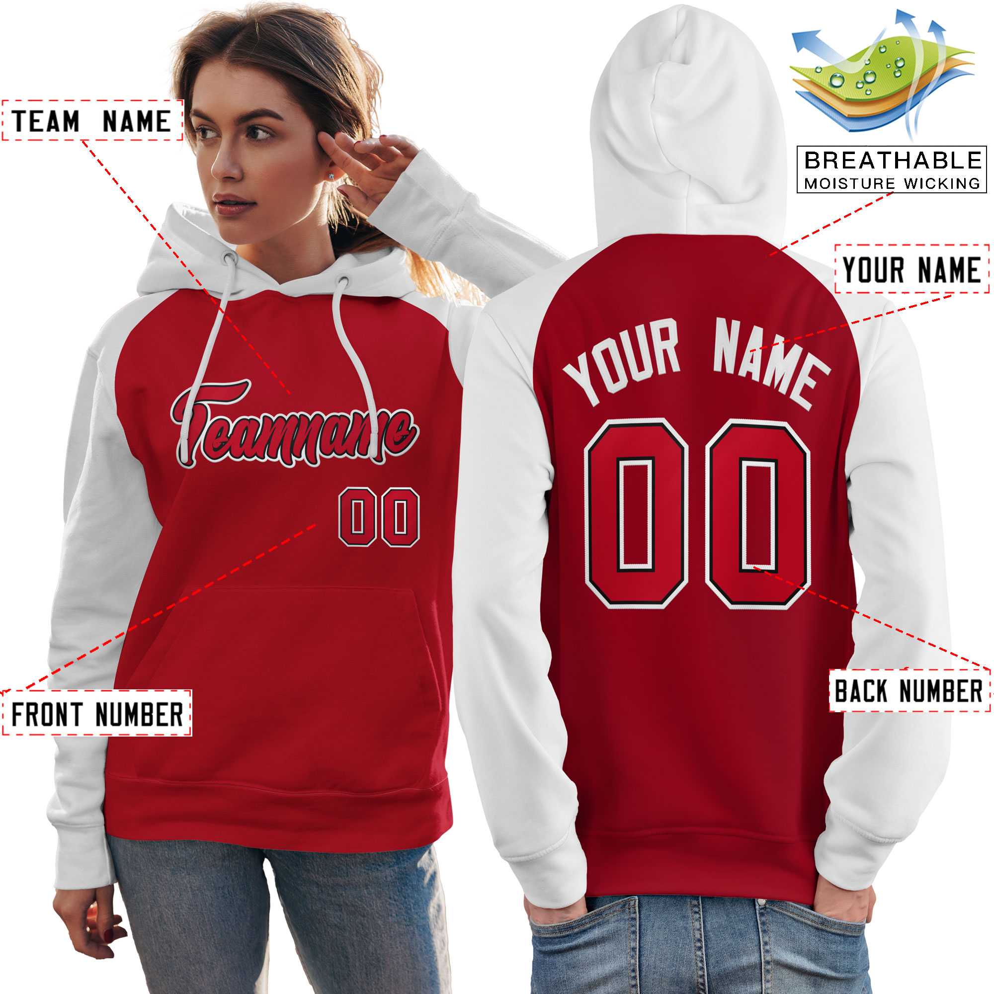 Custom Stitched Red White Raglan Sleeves Sports Pullover Sweatshirt Hoodie For Women