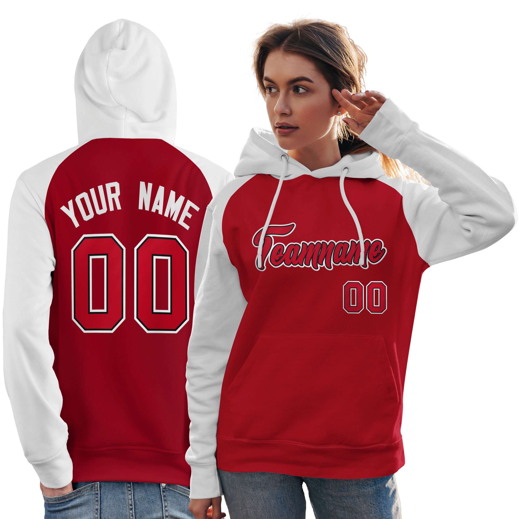 Custom Stitched Red White Raglan Sleeves Sports Pullover Sweatshirt Hoodie For Women