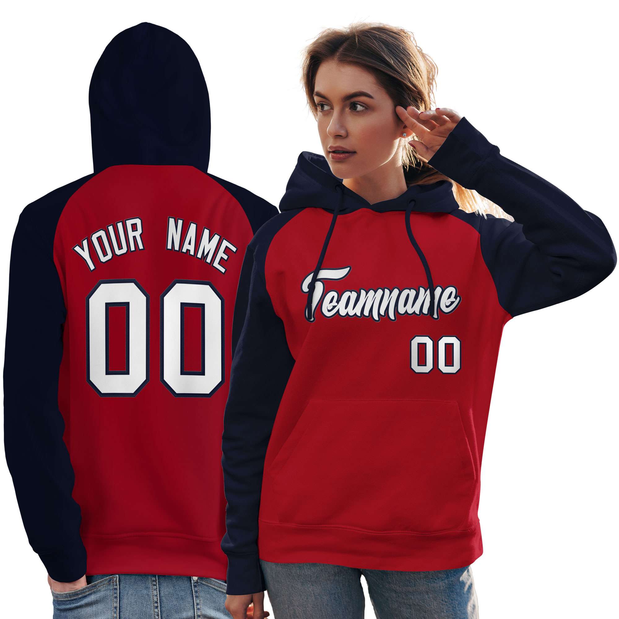 Custom Stitched Red Navy-White Raglan Sleeves Sports Pullover Sweatshirt Hoodie For Women