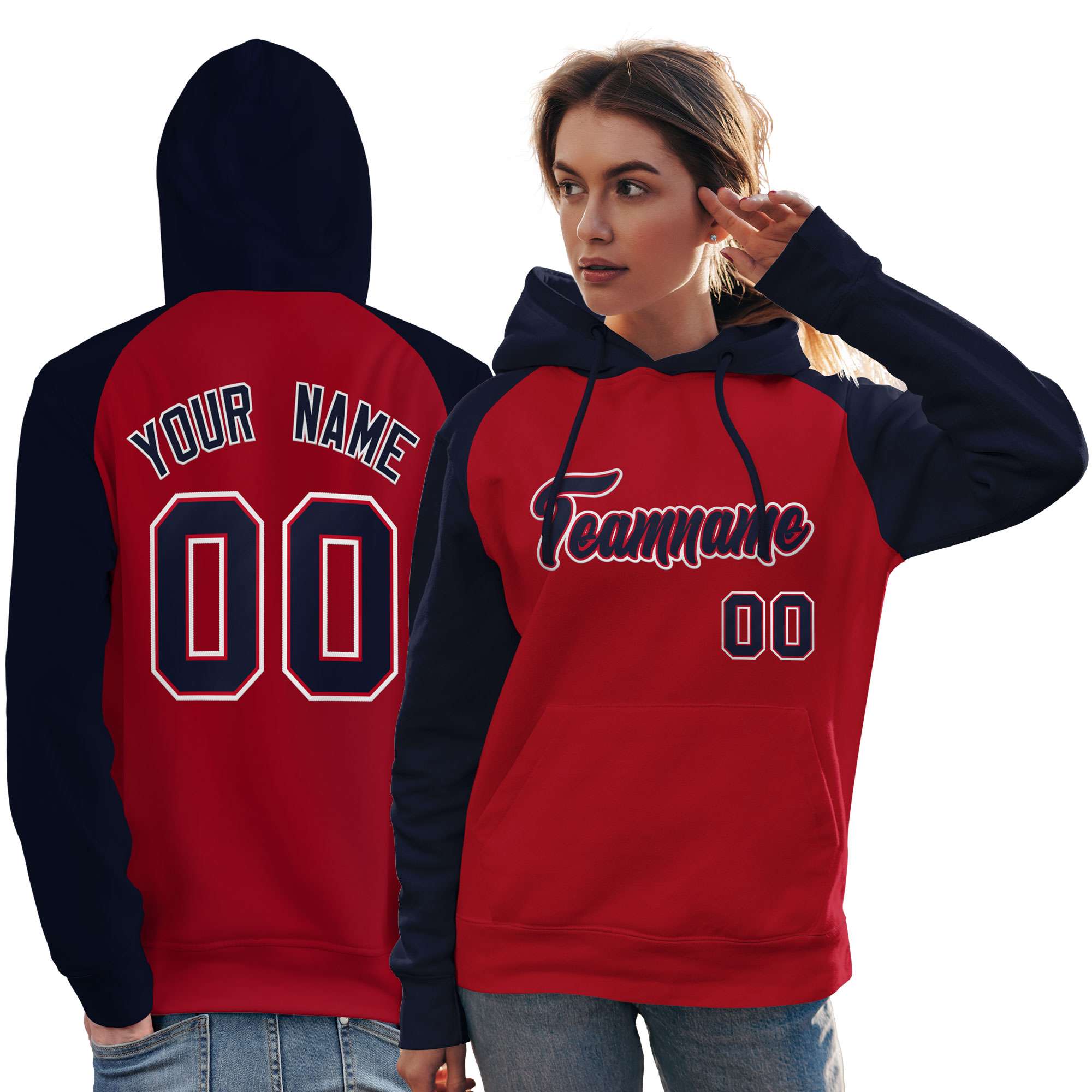 Custom Stitched Red Navy Raglan Sleeves Sports Pullover Sweatshirt Hoodie For Women