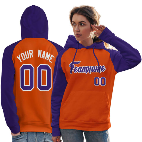 Custom Stitched Orange Purple Raglan Sleeves Sports Pullover Sweatshirt Hoodie For Women