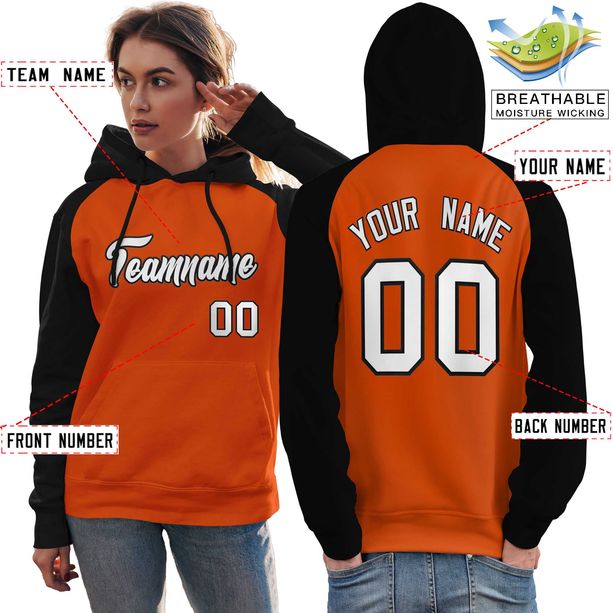 Custom Stitched Orange Black-White Raglan Sleeves Sports Pullover Sweatshirt Hoodie For Women