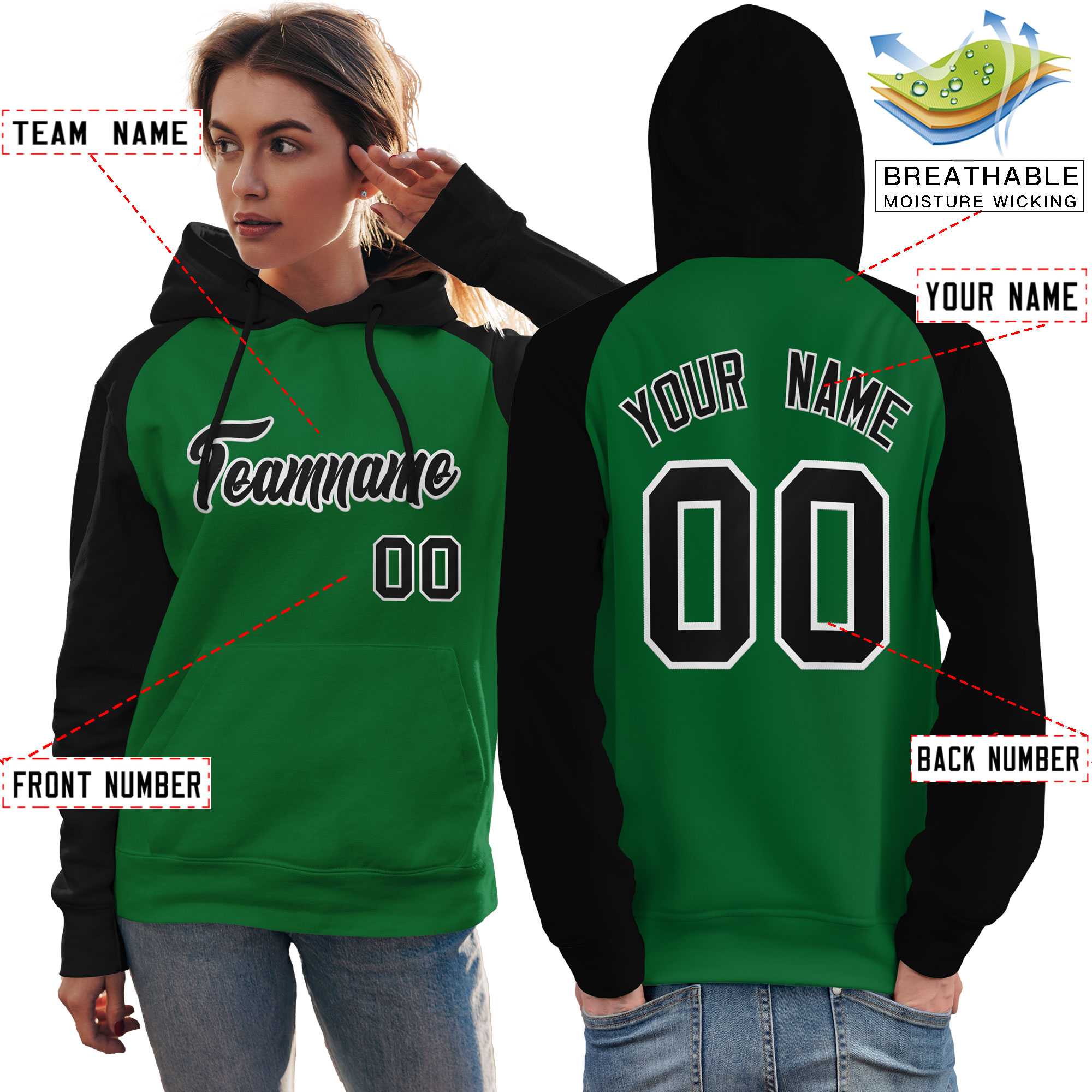 Custom Stitched Kelly Green Black Raglan Sleeves Sports Pullover Sweatshirt Hoodie For Women