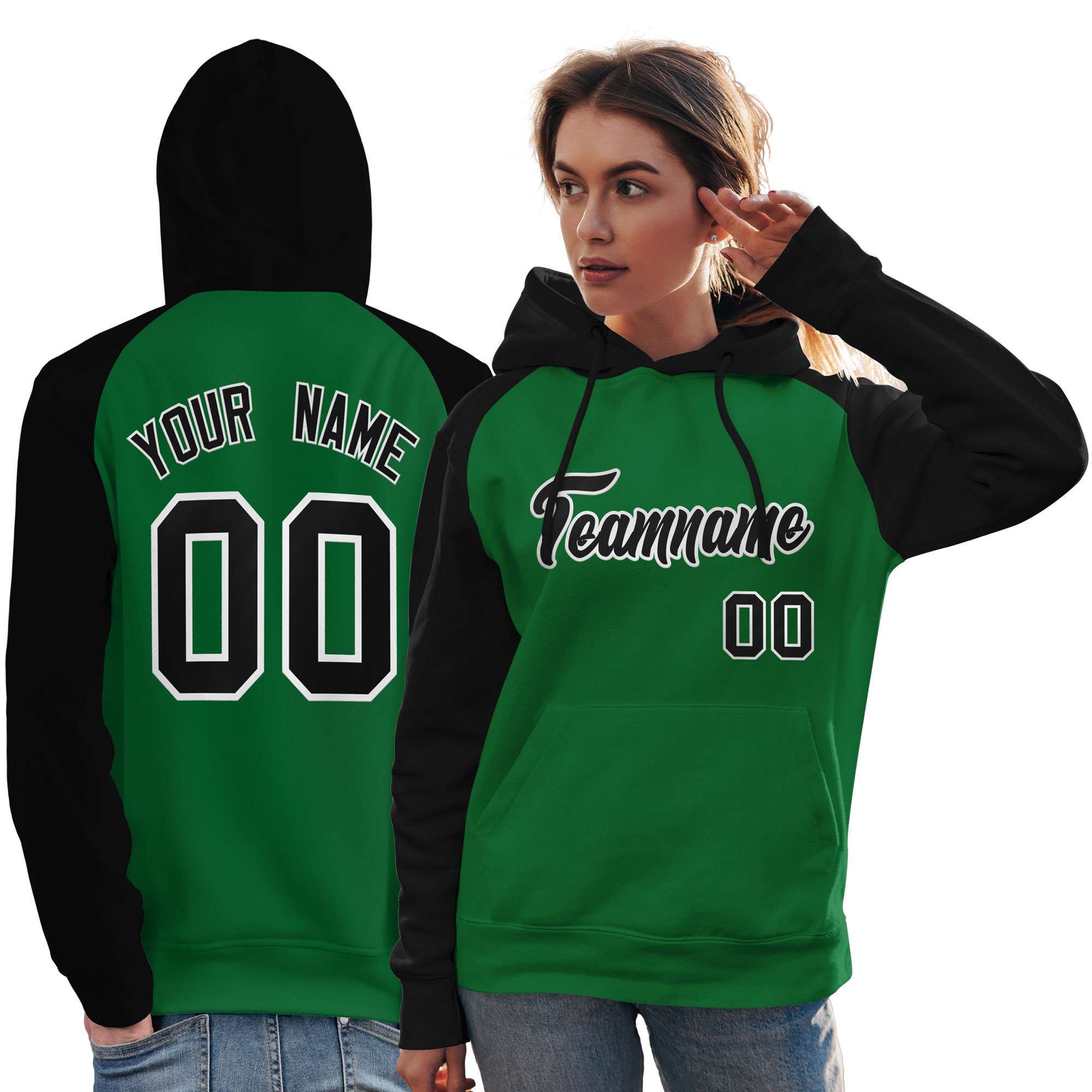 Custom Stitched Kelly Green Black Raglan Sleeves Sports Pullover Sweatshirt Hoodie For Women