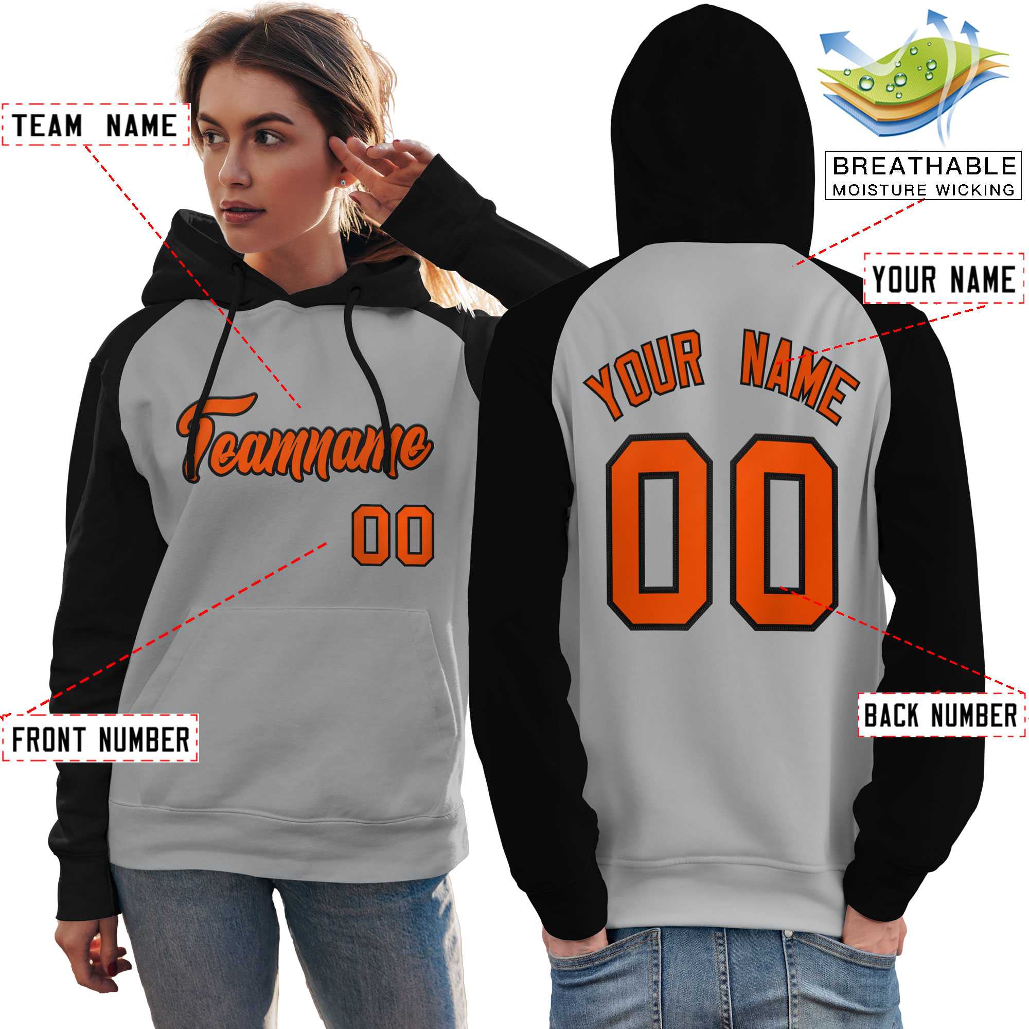 Custom Stitched Gray Black-Orange Raglan Sleeves Sports Pullover Sweatshirt Hoodie For Women