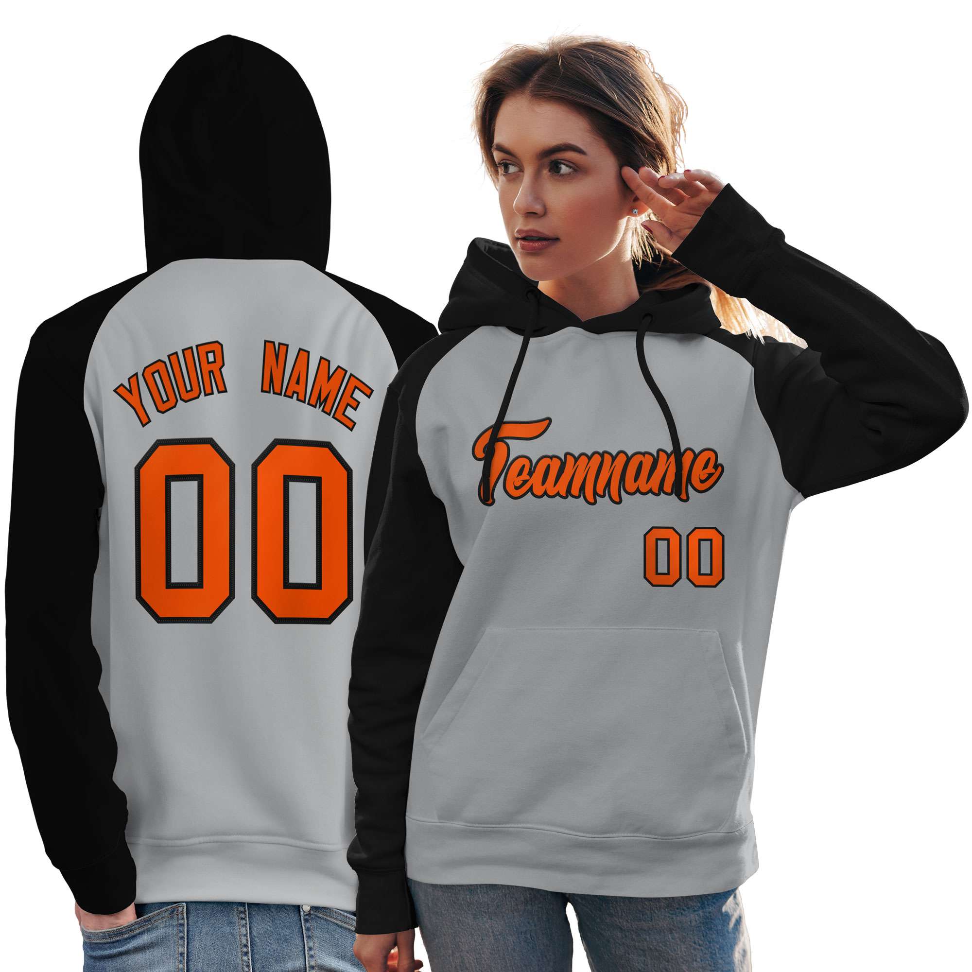 Custom Stitched Gray Black-Orange Raglan Sleeves Sports Pullover Sweatshirt Hoodie For Women