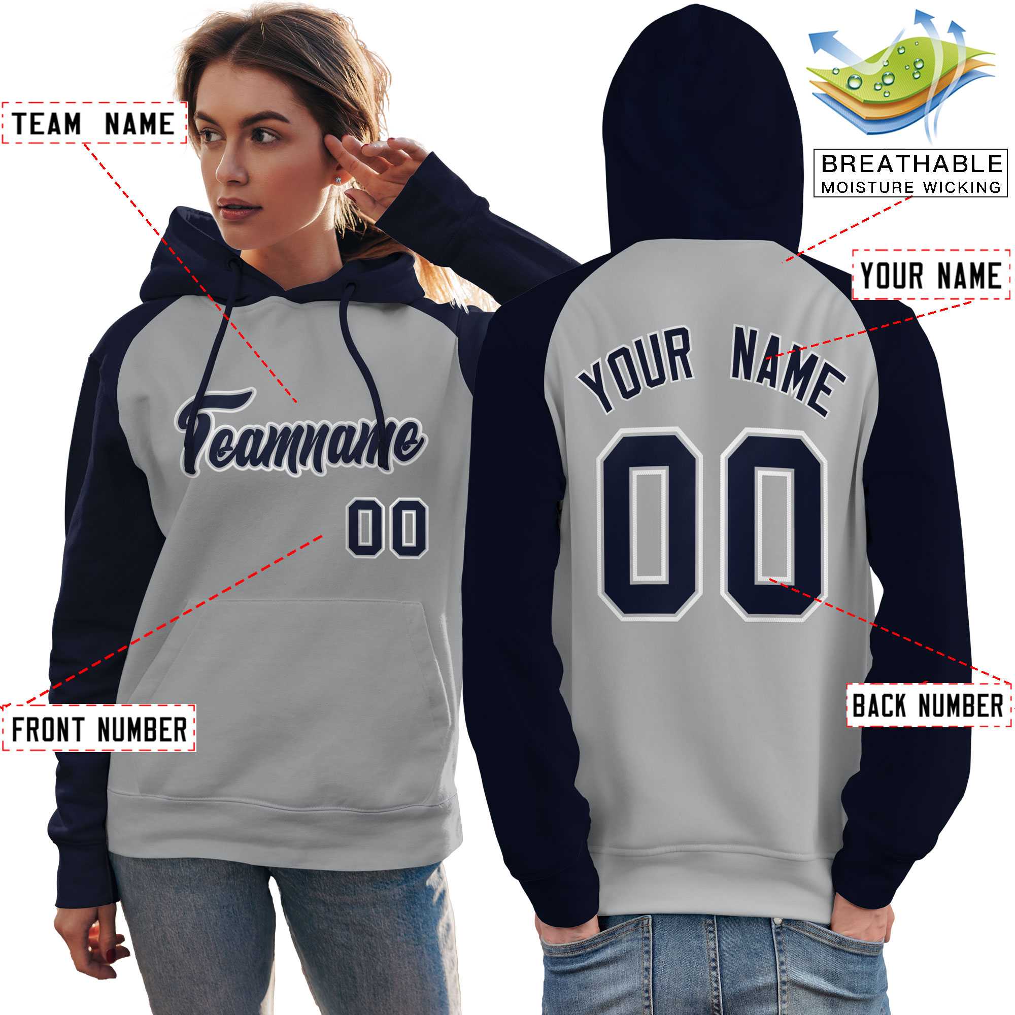 Custom Stitched Gray Navy Raglan Sleeves Sports Pullover Sweatshirt Hoodie For Women