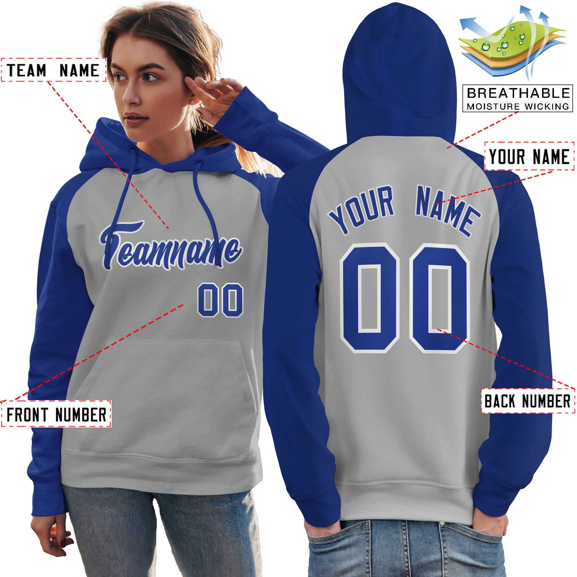 Custom Stitched Gray Royal Raglan Sleeves Sports Pullover Sweatshirt Hoodie For Women